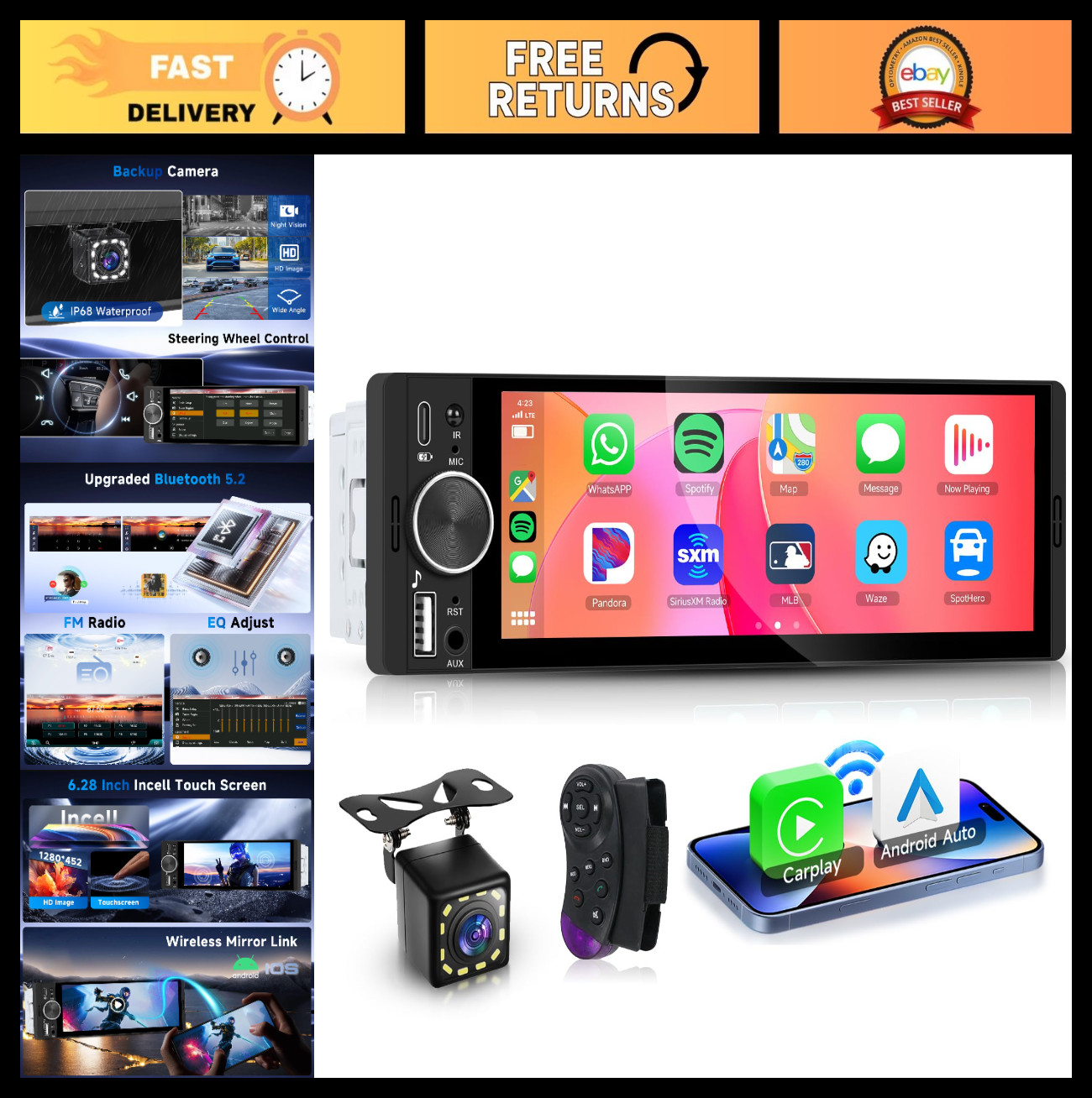 Single Din Car Stereo with 6.28” Touch Screen, Wireless CarPlay & Android Auto,