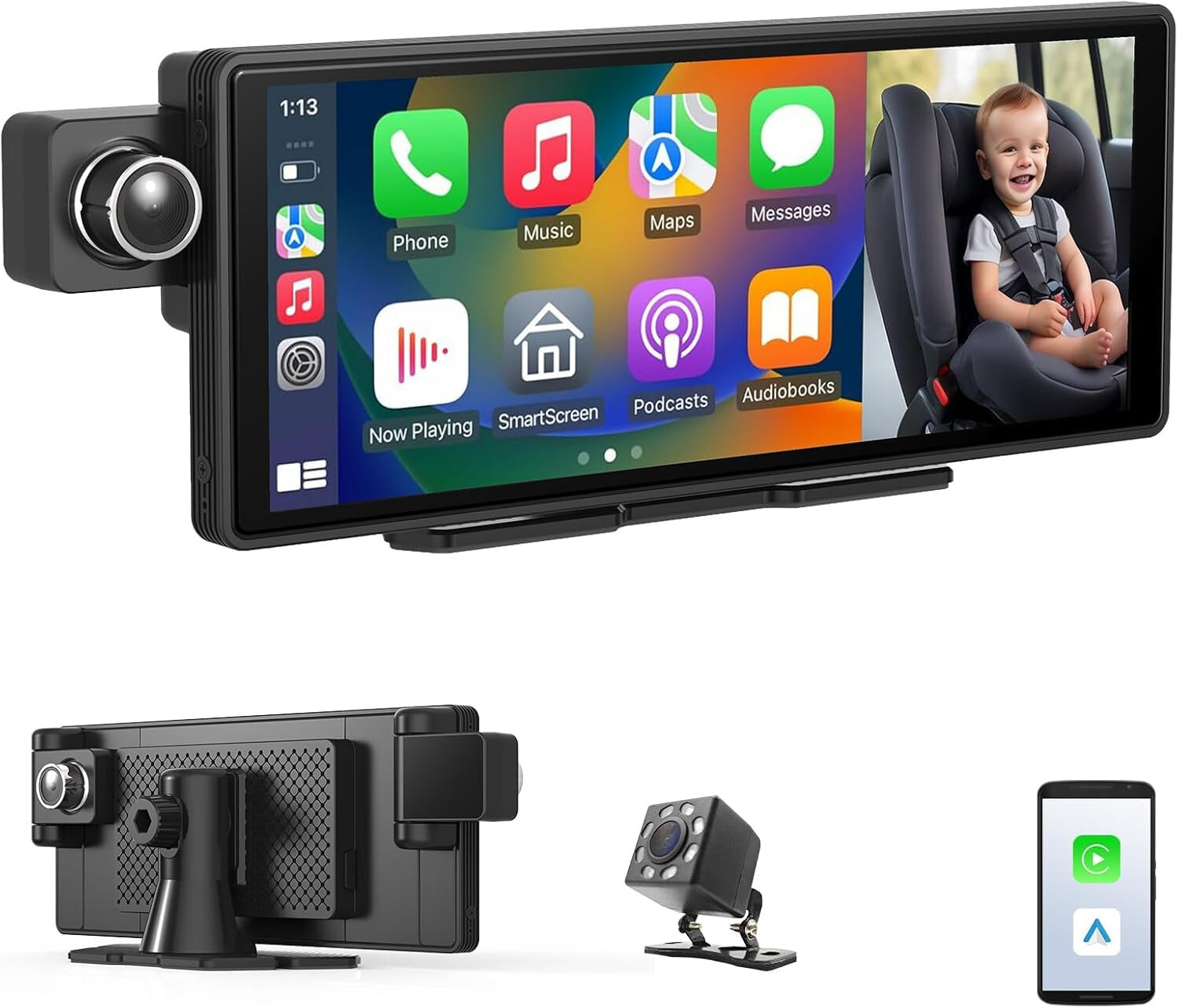 10.26 inch Carplay Video Recorder Portable Car Stereo Baby Monitor Back Seat NEW