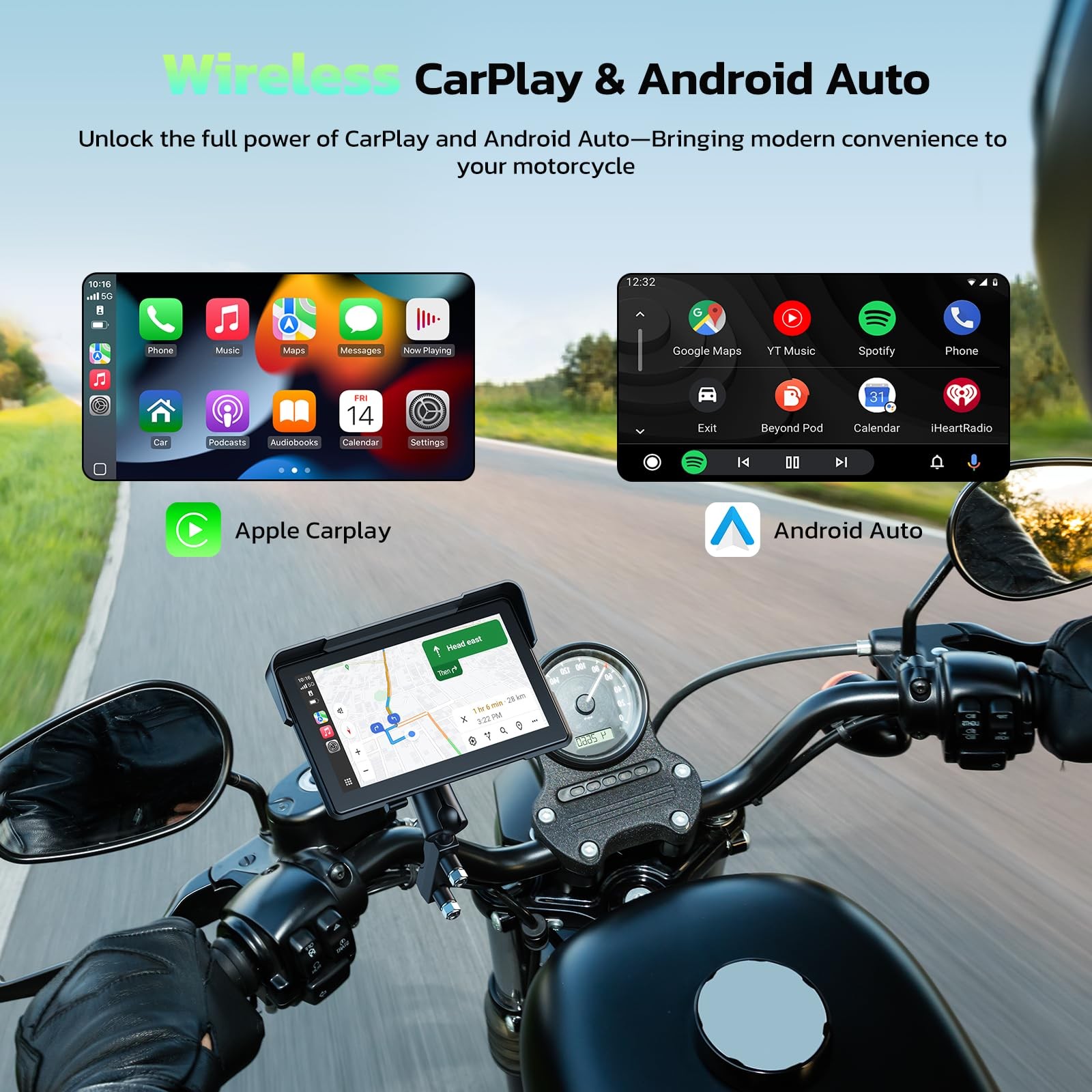 LAMTTO 7Inch Wireless Motorcycle Carplay GPS Navigation System with Apple