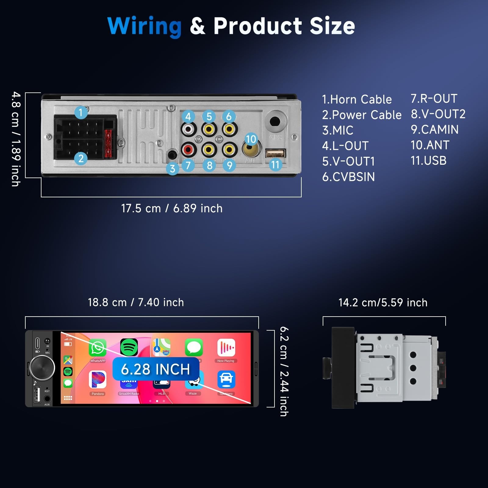 Single Din Car Stereo with 6.28” Touch Screen, Wireless CarPlay & Android Auto,
