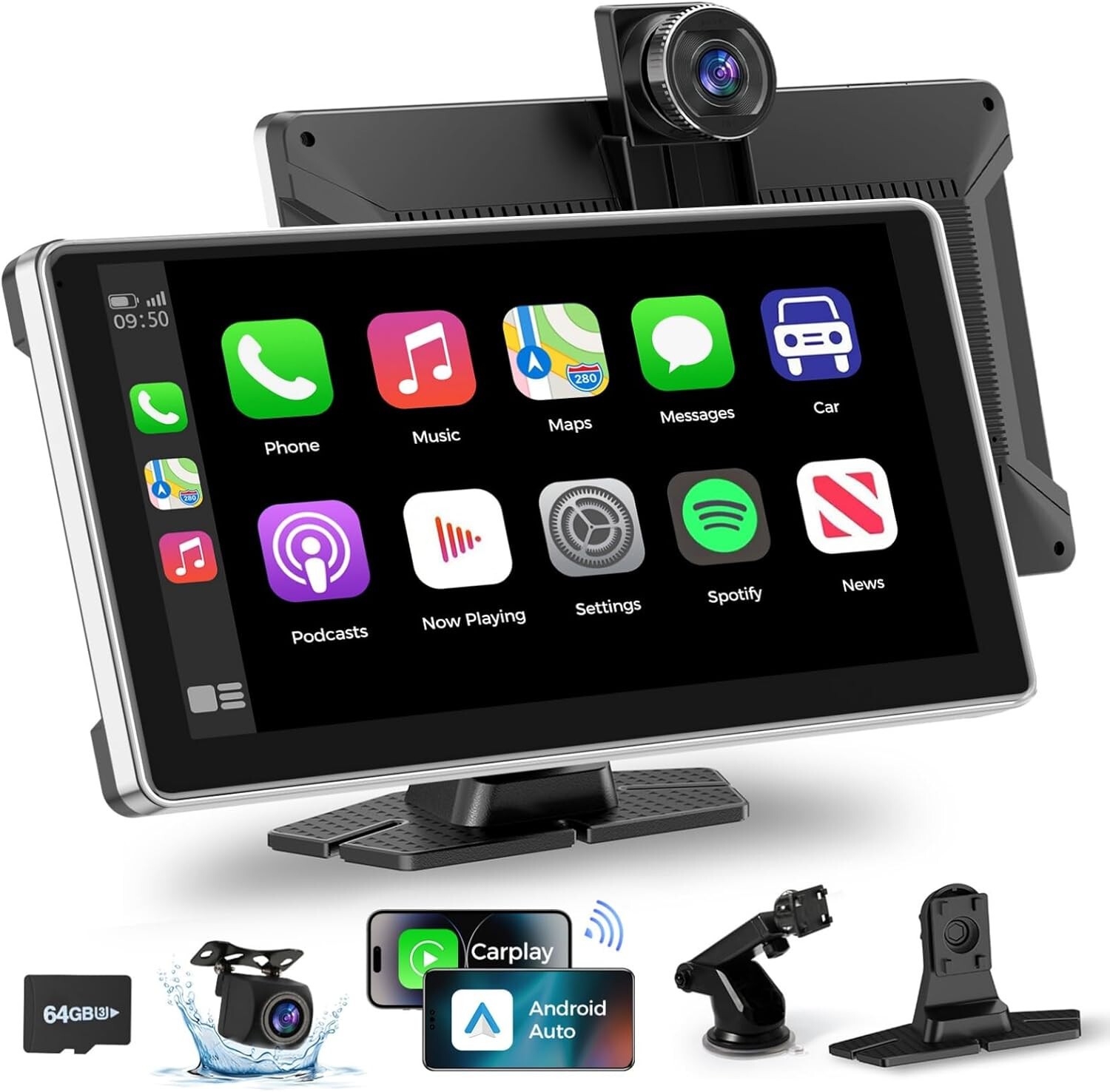 Wireless Carplay with 4K Dash Cam, 9″ Portable Carplay Screen for Car, Apple Car