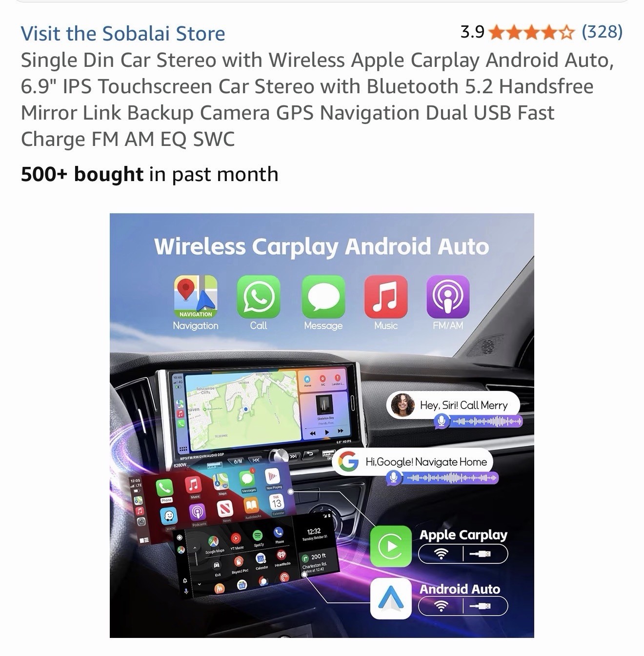 Single Din Car Stereo with Wireless Apple Carplay Android Auto 6.9″ IPS