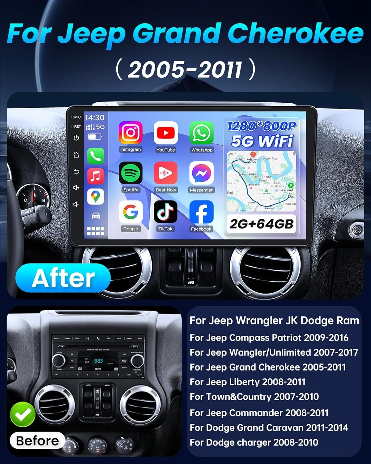 Jeep Wrangler 2007-2017 Car Stereo 2+64GB Carplay Android GPS 10″ Touchscreen