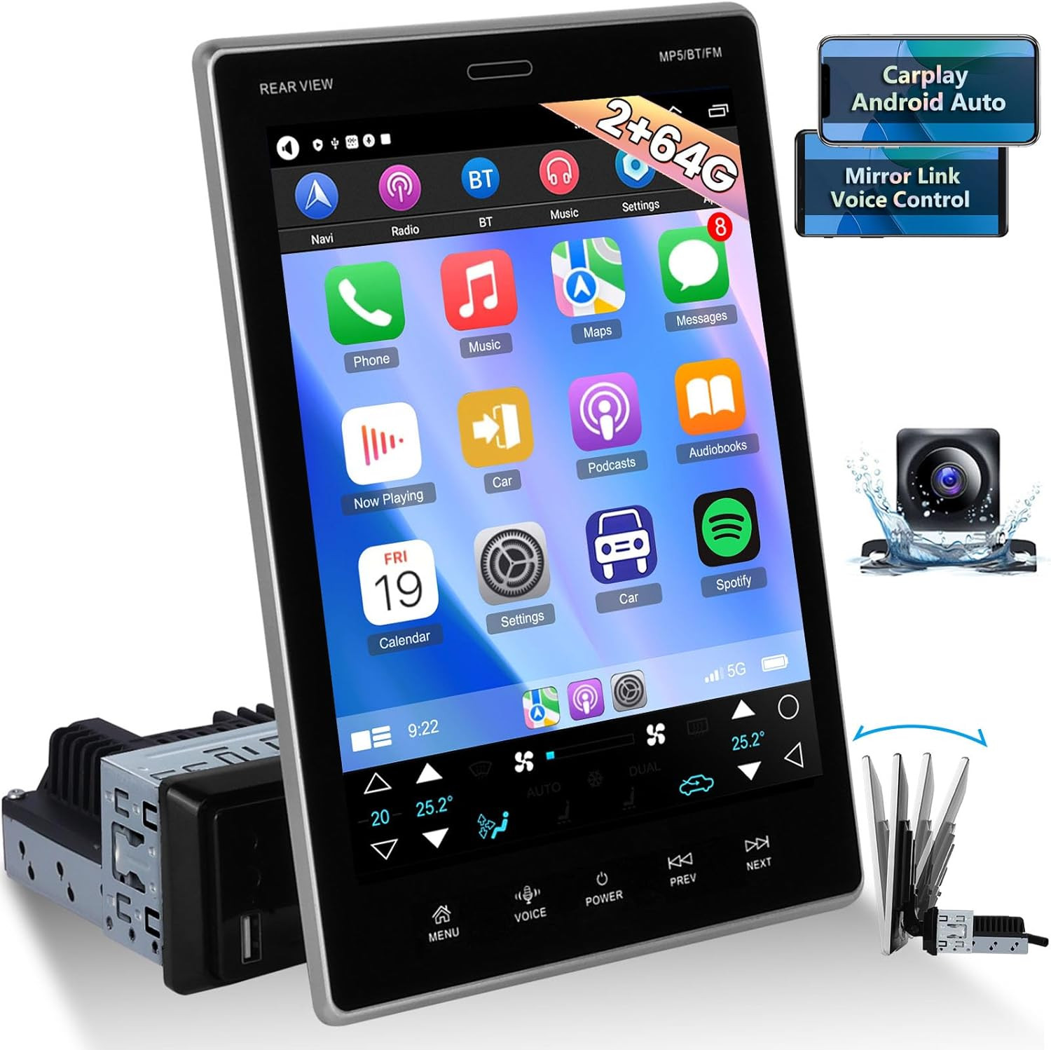 [2+64G] Single Din Car Stereo with Wireless Carplay and Android Auto – 9.5 Inch