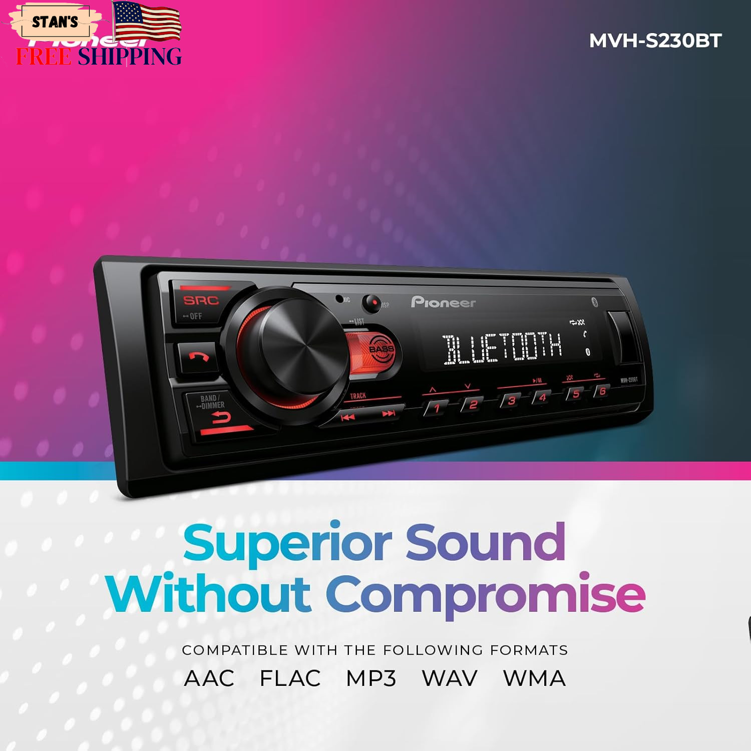 MVH-S230BT 1-Din Digital Media Receiver – Bluetooth, USB, 50W x 4 Output, AM/FM
