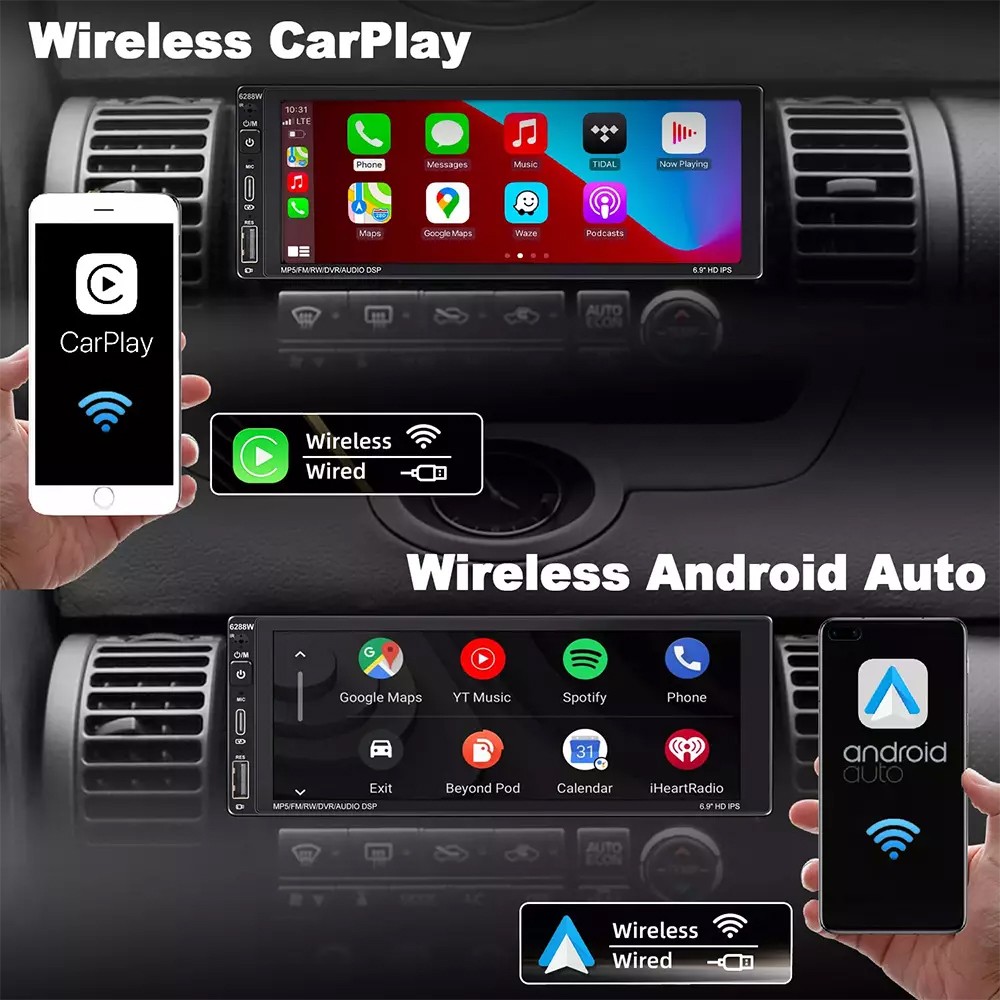 Single Din Car Stereo Wireless Apple CarPlay 6.9 touchscreen Bluetooth Radio USB