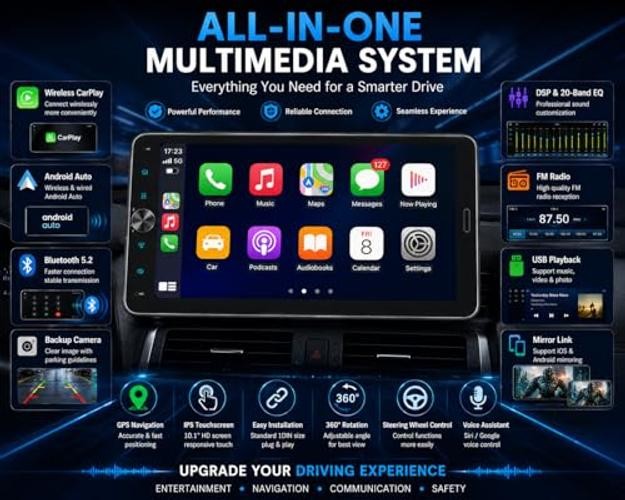 10.1 Inch Single DIN Car Stereo with Wireless CarPlay, Bluetooth 5.2, 720×1280