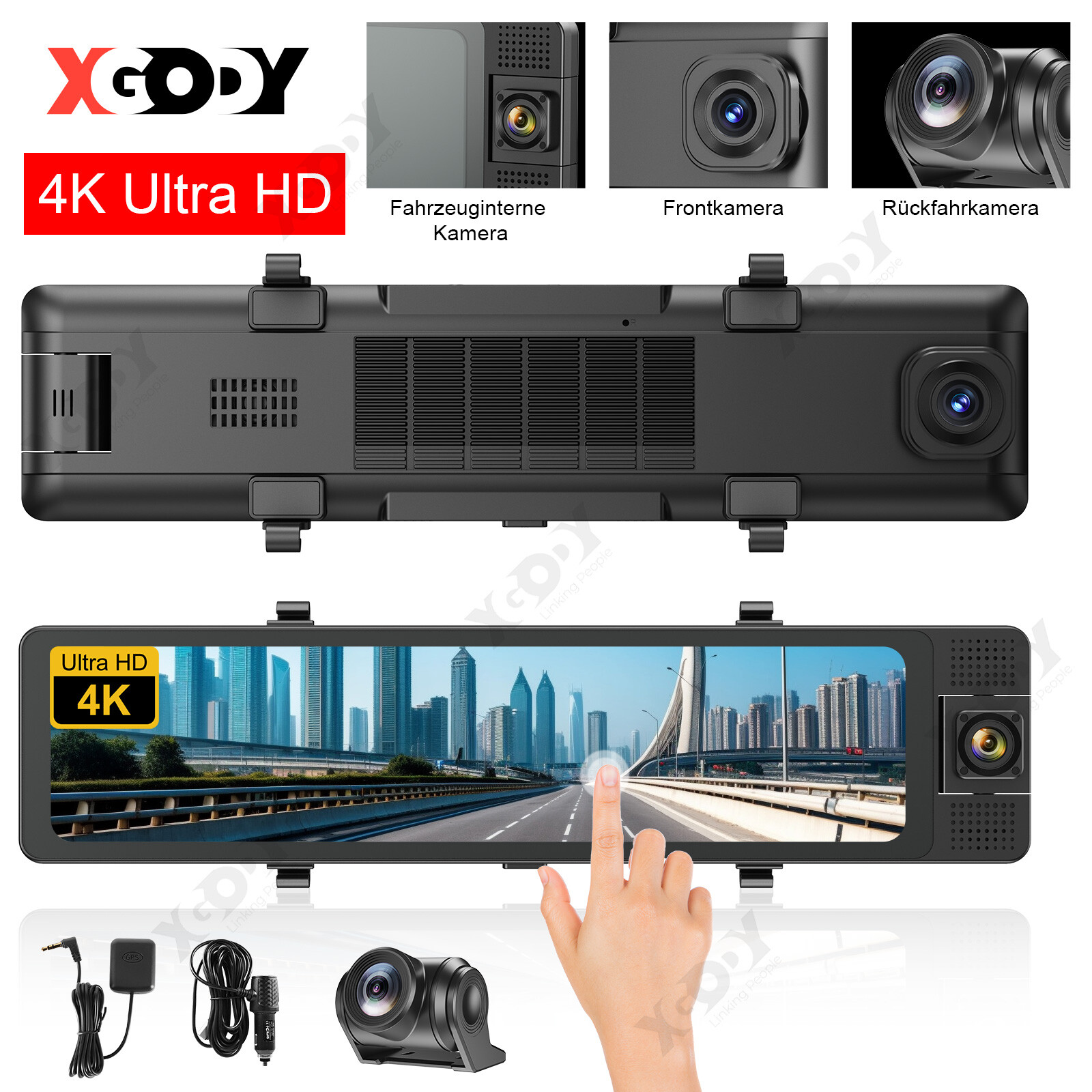 Touch Screen Rearview Mirror Dash Cam 4K 11.26-inch Front Rear Inside 3-Channel