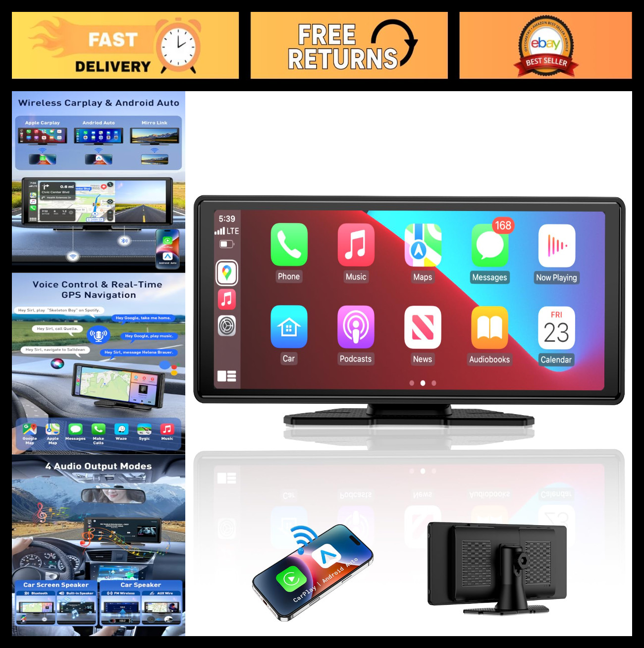 10.26″ HD Wireless CarPlay & Android Auto Stereo, Bluetooth, GPS, Voice Control,