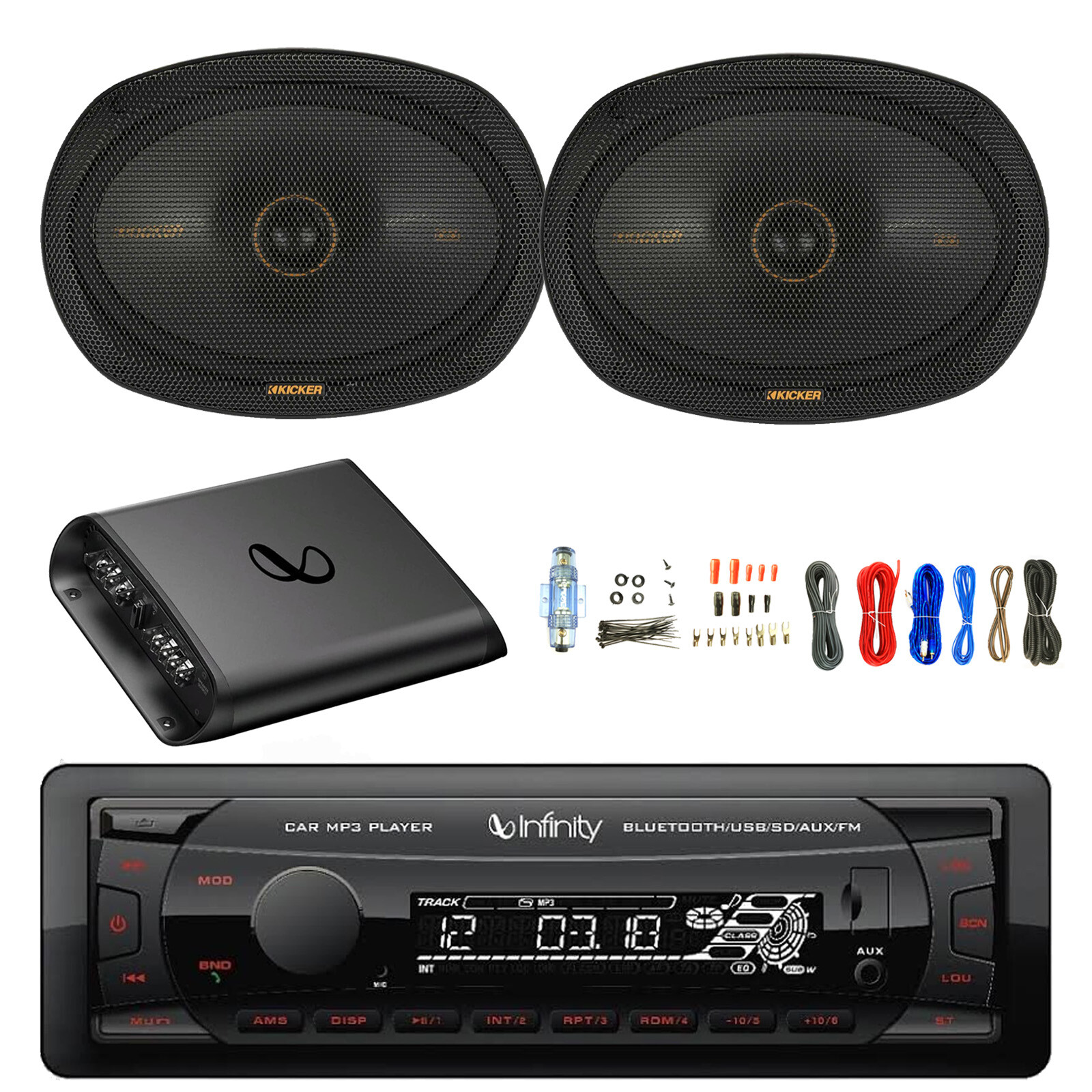 Infinity Single DIN Bluetooth FM Radio Receiver, 2x 6×9″ 300W Speaker, Amp w/Kit