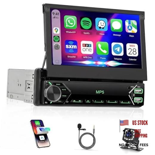 Single Din Car Stereo Wired CARPLAY Android auto, Flip Out Car Radio 7 Inch