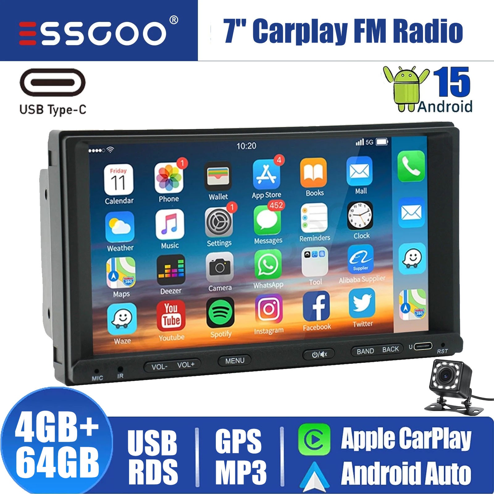 7″ Double 2DIN Android 15 Touch Screen Carplay Car Stereo Radio GPS Navi CAM 64G