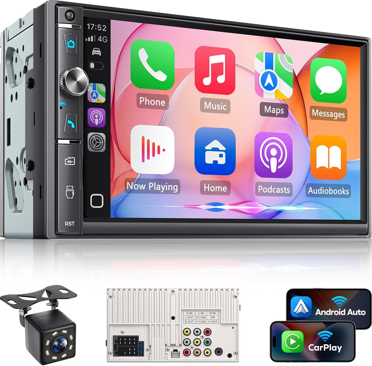 7″ Double Din Car Stereo, Wireless Apple Carplay & Android Auto, HD Touchscreen,