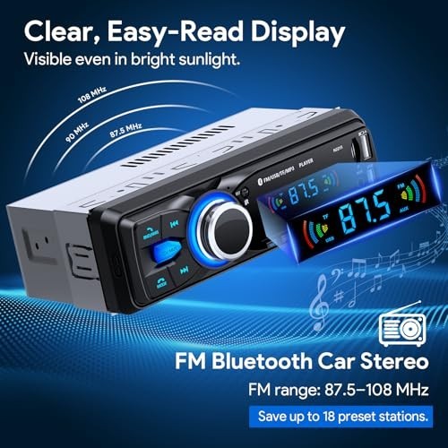 Bluetooth Car Stereo Single DIN, Hands-Free FM Radio, USB/AUX/SD/MP3 Player