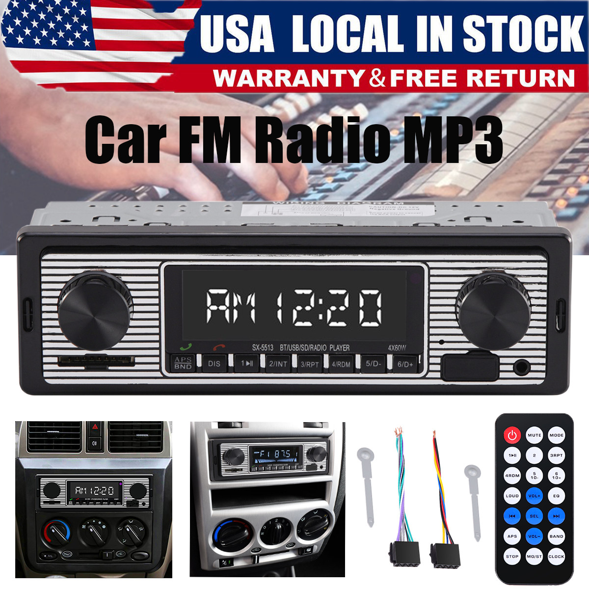 Vintage Car Bluetooth FM Radio MP3 Player USB Classic Stereo Audio Receiver AUX