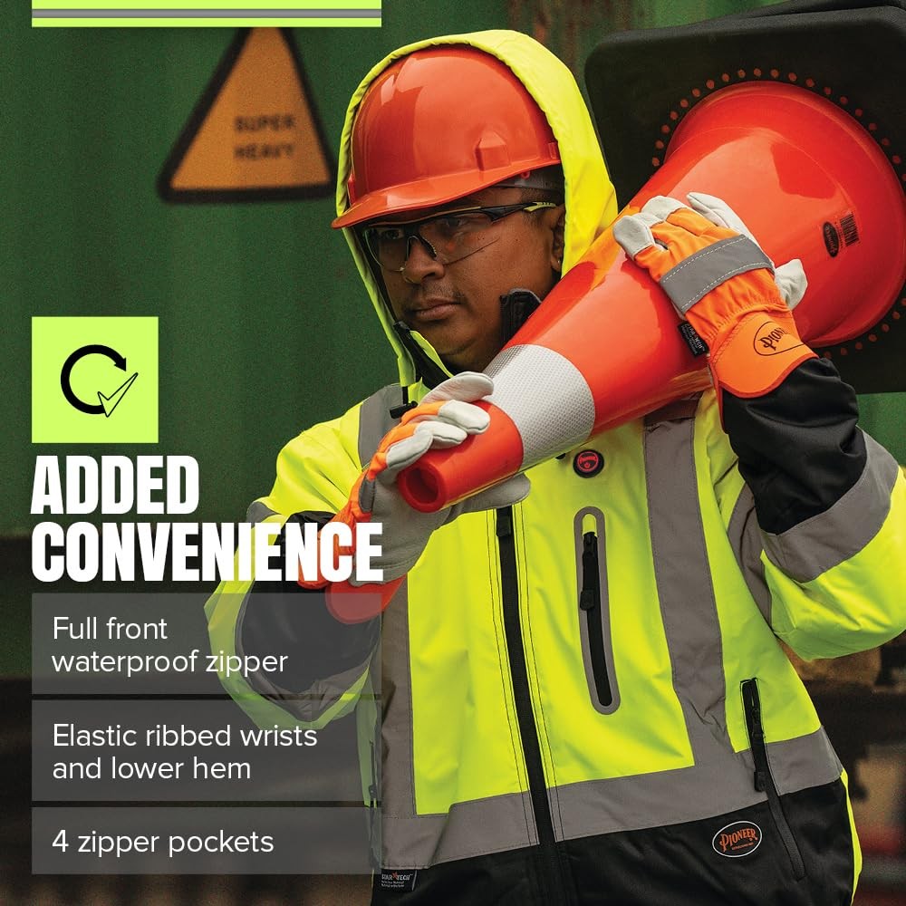 Pioneer Hi Vis Waterproof Heated Safety Bomber Jacket – Class 3 Winter Rain Gear