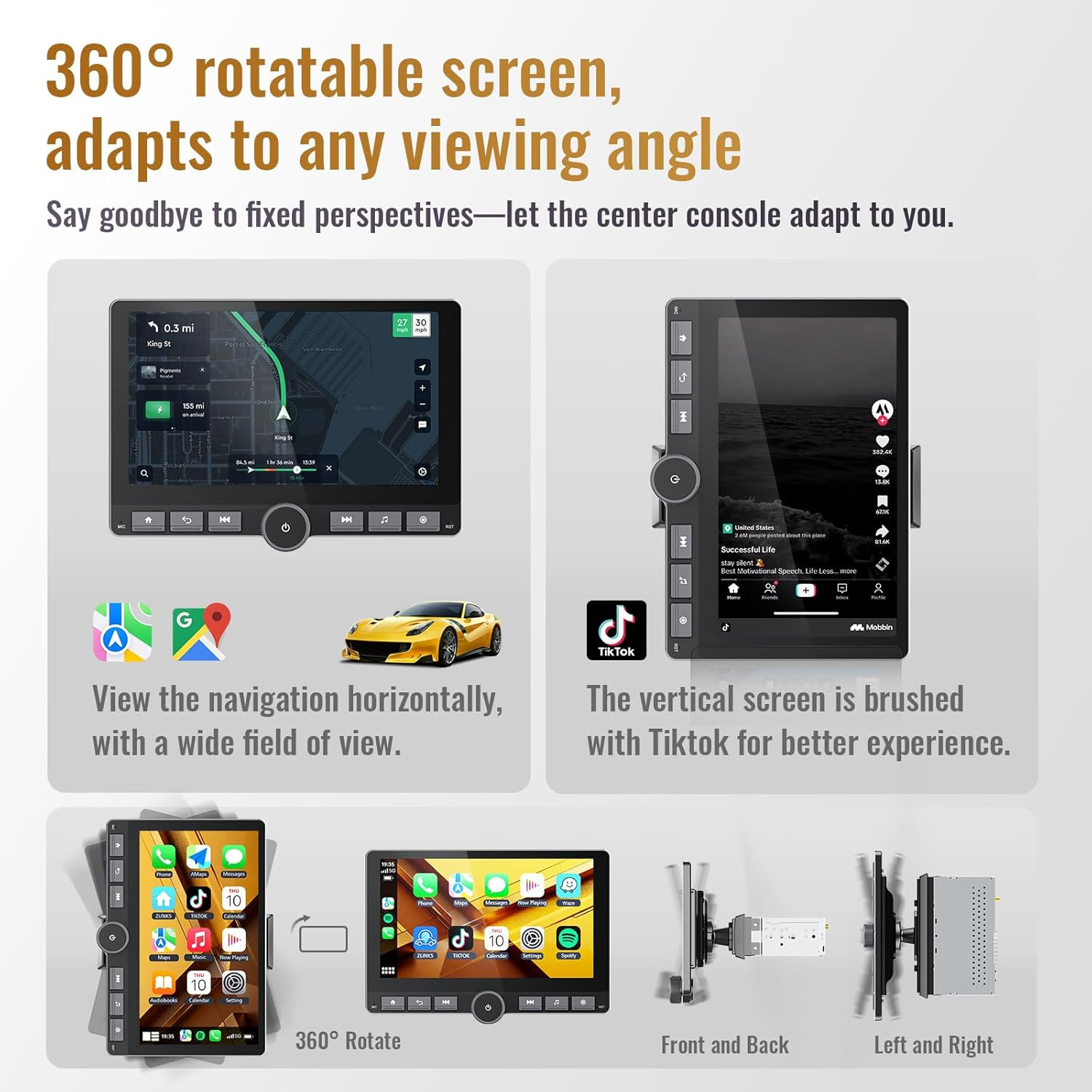 10.1″ Single Din Android Car Stereo with 360° Rotatable Touch Screen – Android 1