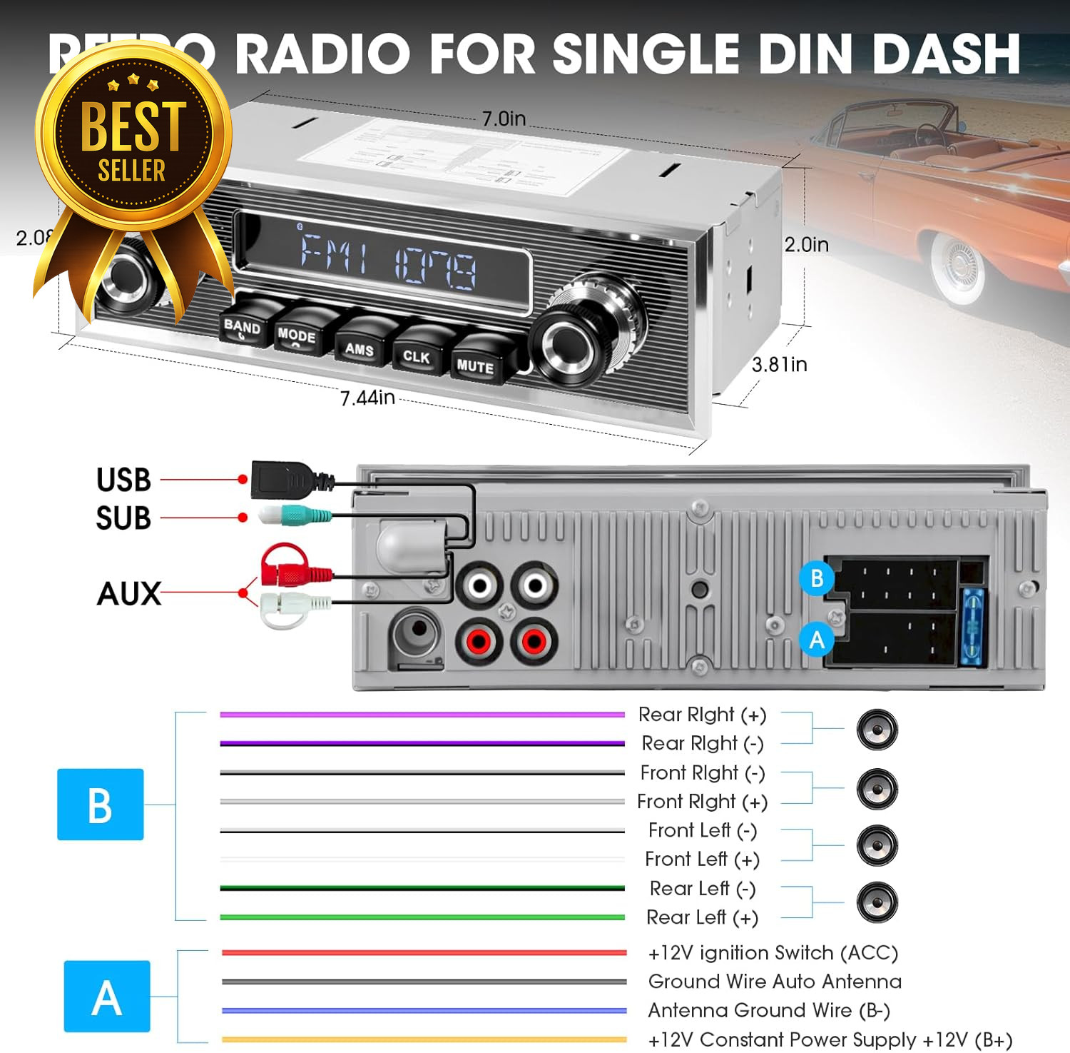 Retro Single Din Car Stereo Bluetooth AM FM USB AUX Vintage Radio Receiver