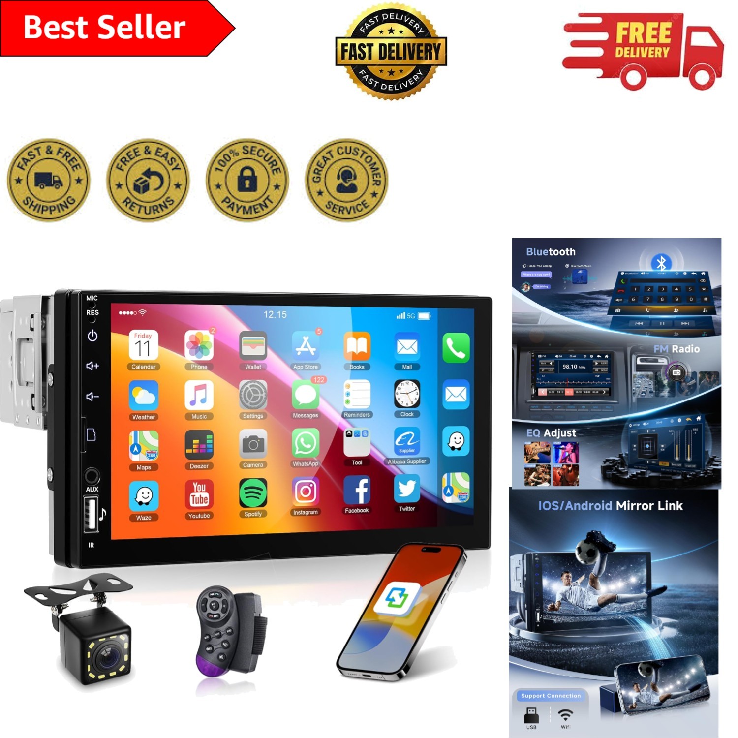 7 Inch Bluetooth Car Radio Stereo with Backup Camera and Steering Wheel Control