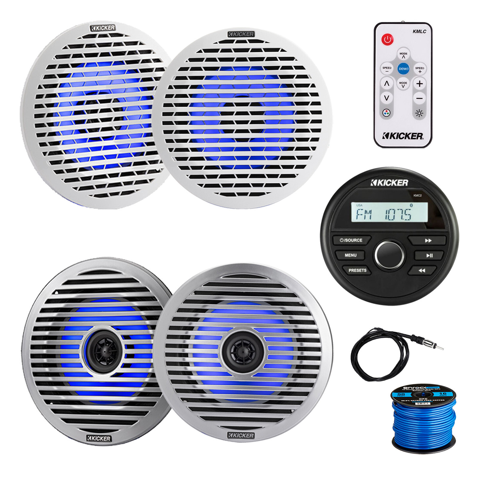 Kicker Marine Receiver, 4x 6.5″ LED Speakers w/Grilles, Wire, Antenna, Remote