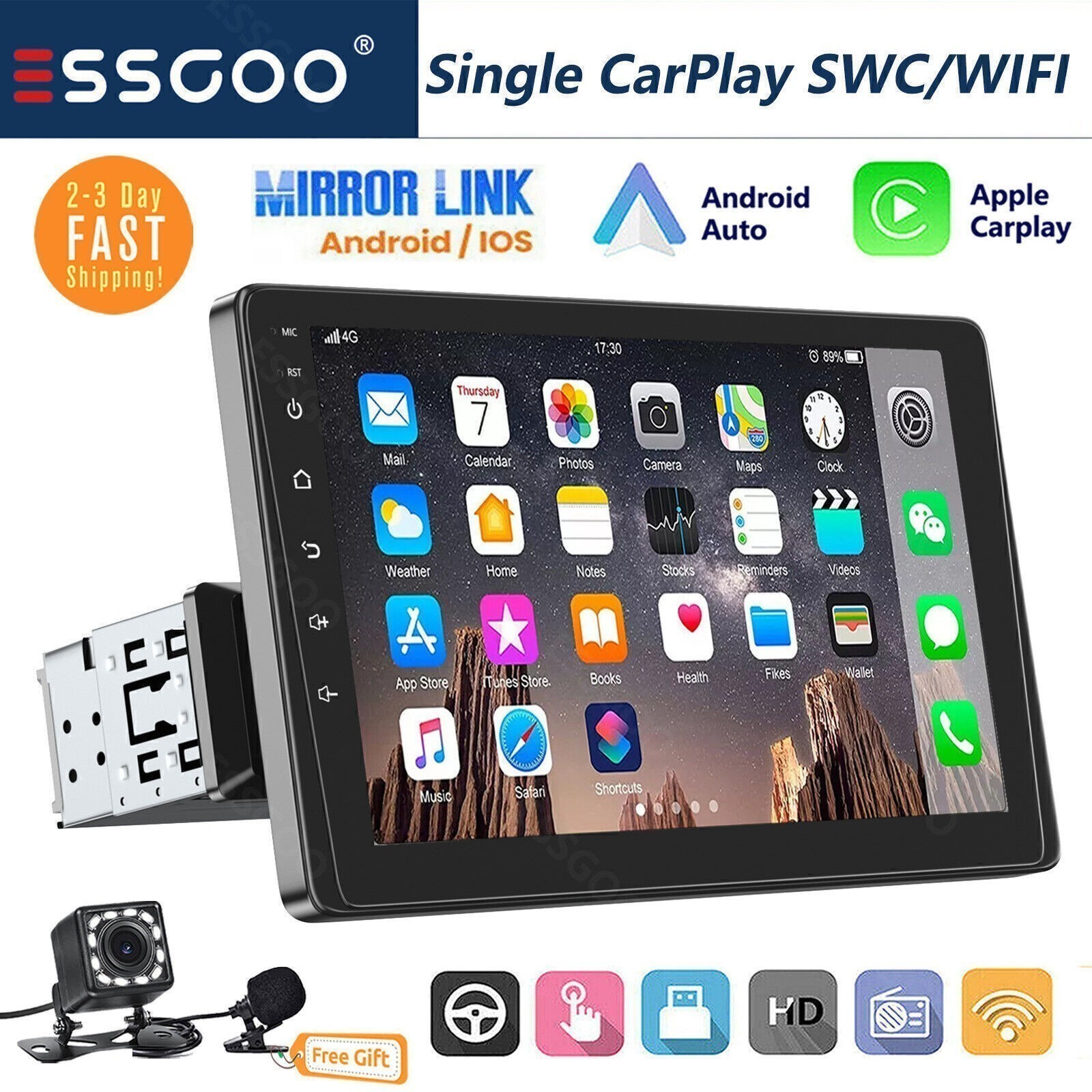 Single 1 DIN 9″ Car Stereo Head Unit Radio Apple CarPlay Android Auto BT+MIC&CAM