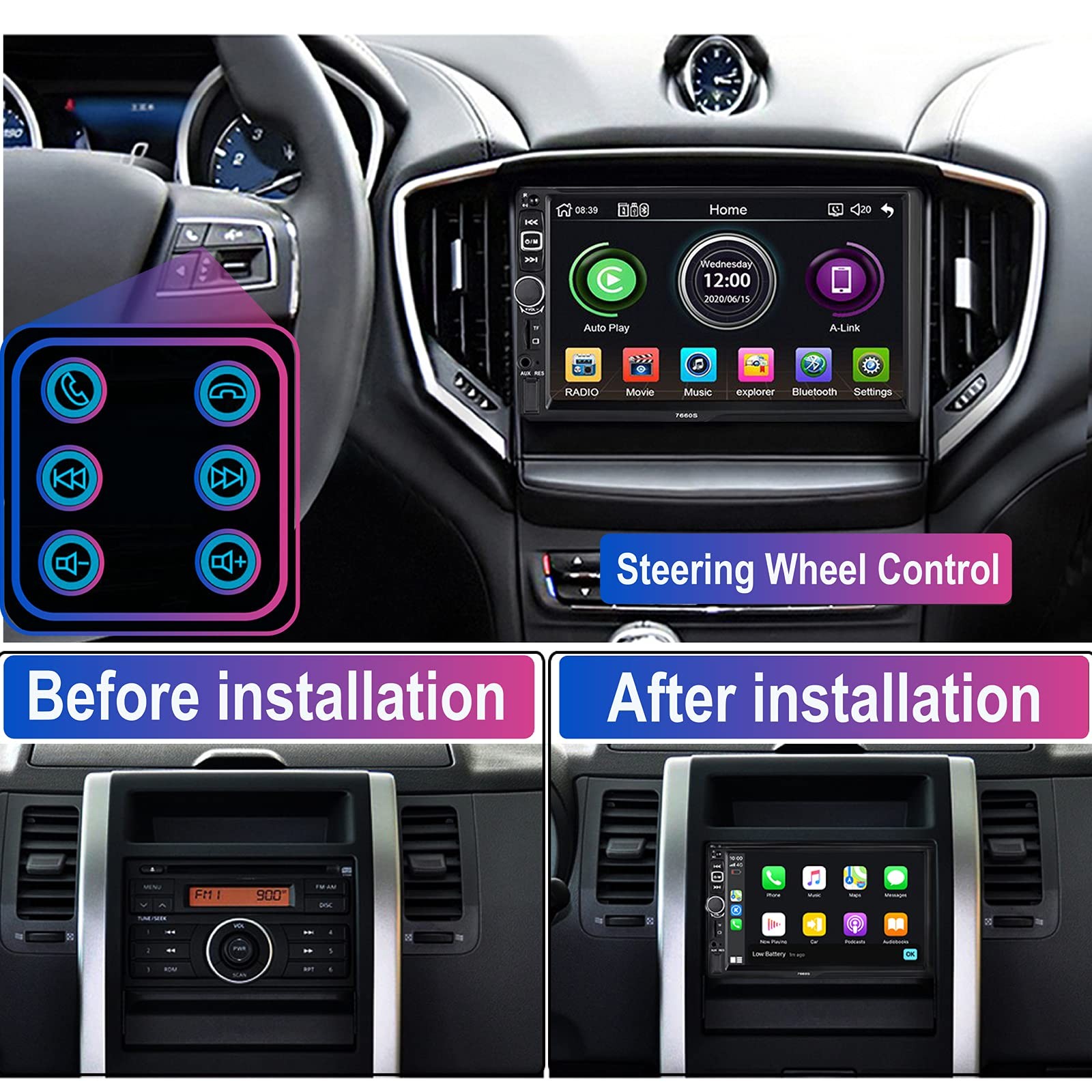 Estereo De Doble Din Với Control De Voz Y Camara De Reversa De Lujo Pro