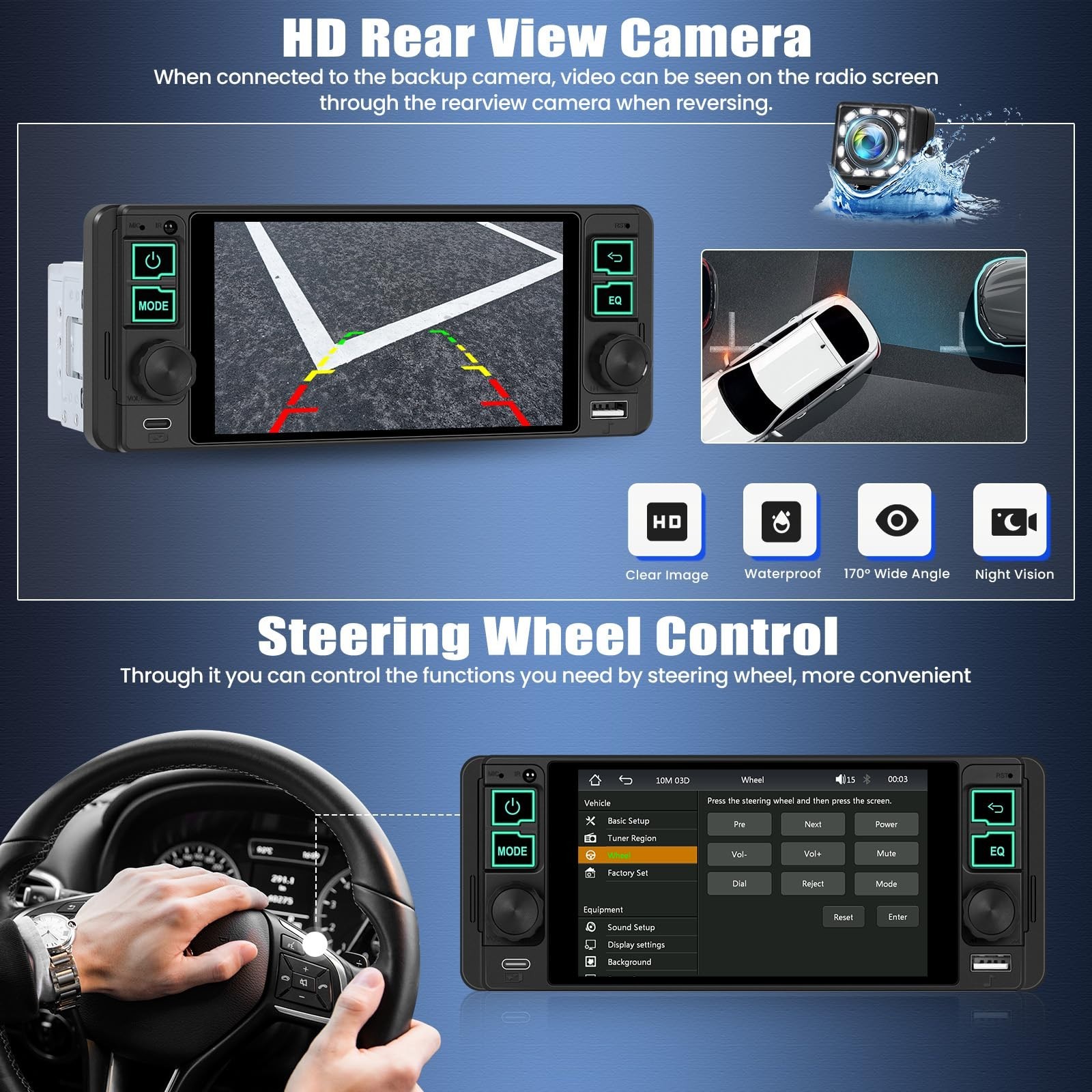 Single Din Car Stereo with Wireless CarPlay, Android Auto, 5.1″ Touchscreen, Blu