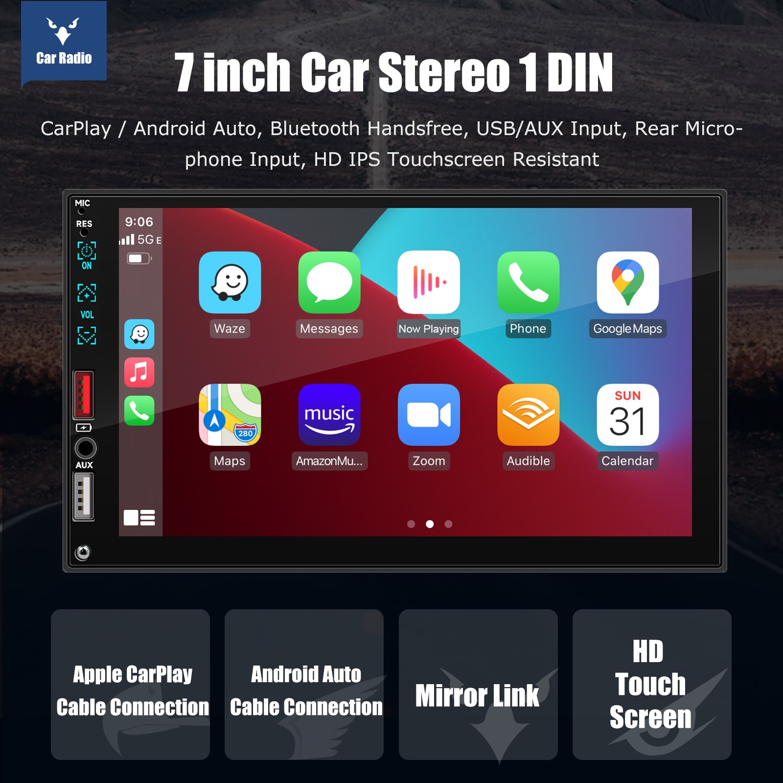1 Din 7″ Car Stereo Radio Bluetooth with Carplay Touch Screen MP5 Player +Camera