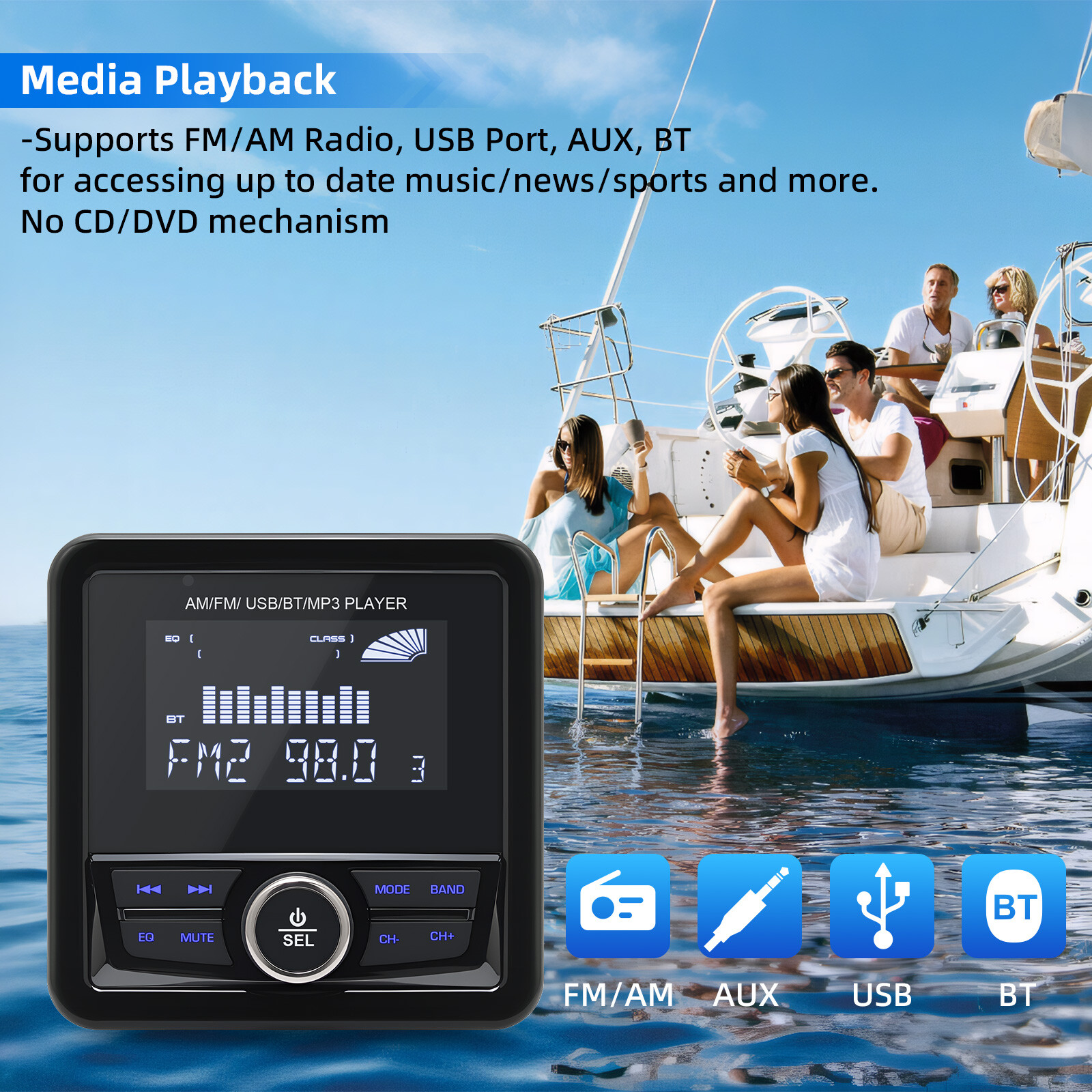 MP3 Boat Radio Stereo Marine Radio 3inch Display Media Video Player Waterproof