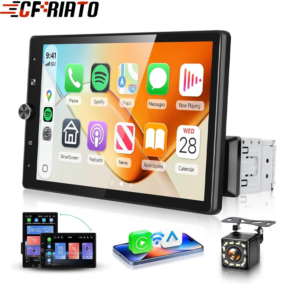 1DIN Rotatable Car Radio Stereo Touch Screen Wireless Apple CarPlay Android Auto