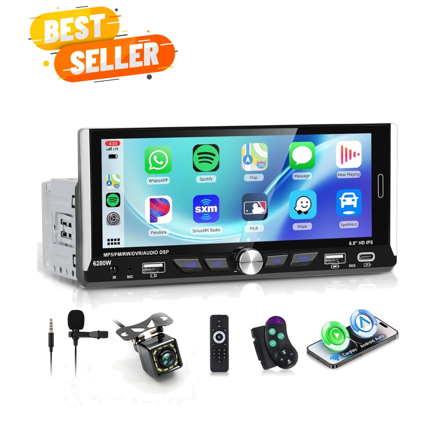 6.9-inch Single Din Car Stereo Wireless Carplay,1280X480P IPS Touch Screen Ca…