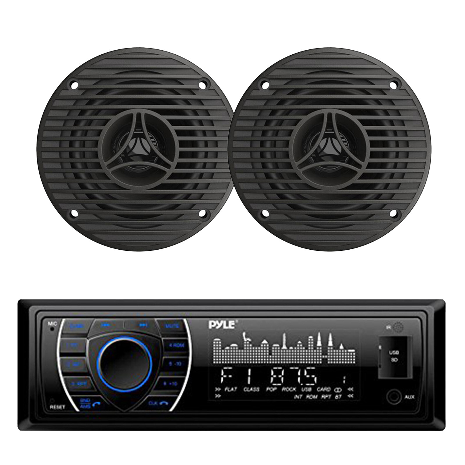 Pyle Bluetooth Marine Receiver, 2x 3.5″ 75W Full Range Graphite Audio Speakers