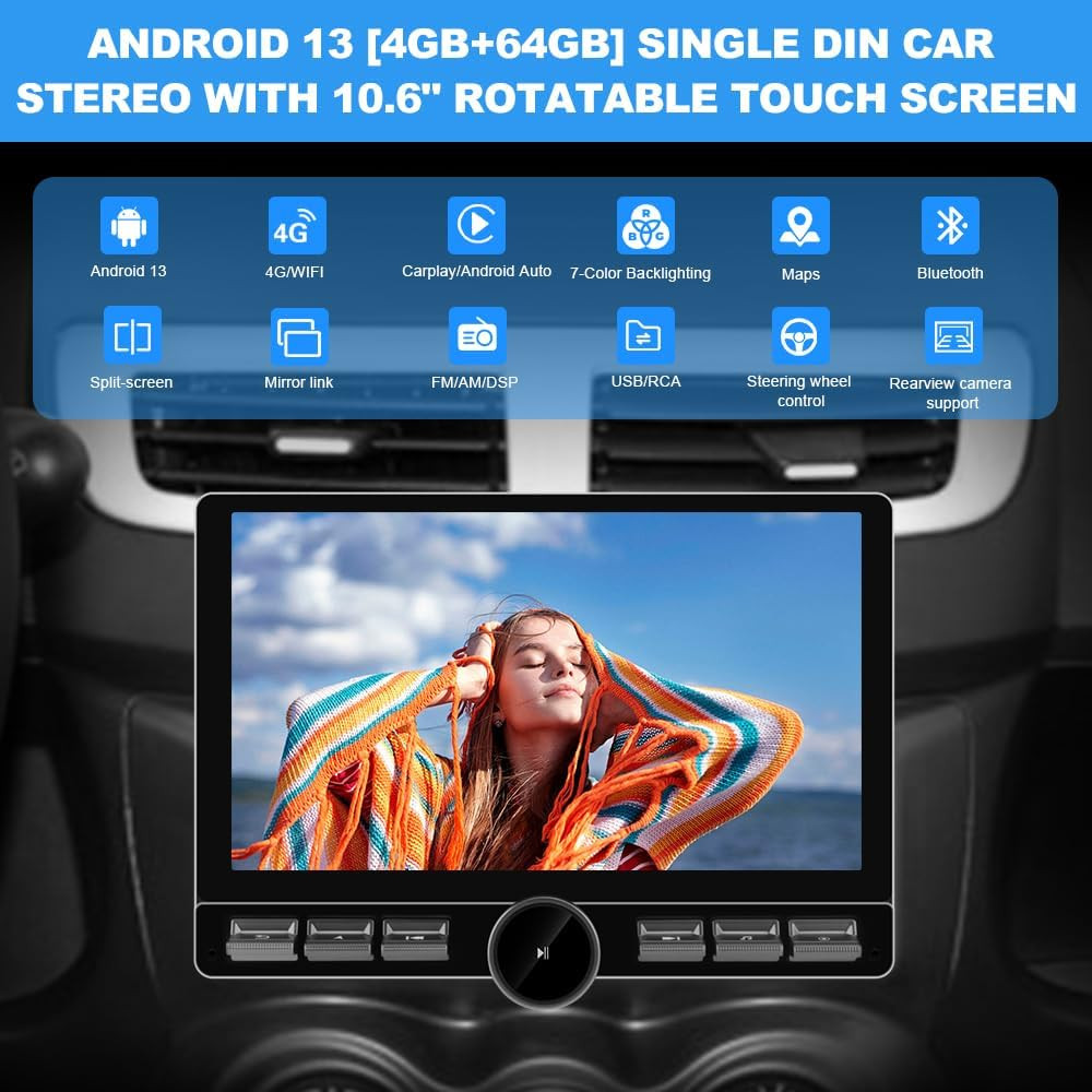 Single Din Car Radio Stereo Universal 8 Core Car Radio Rotatable Touchscreen10.6