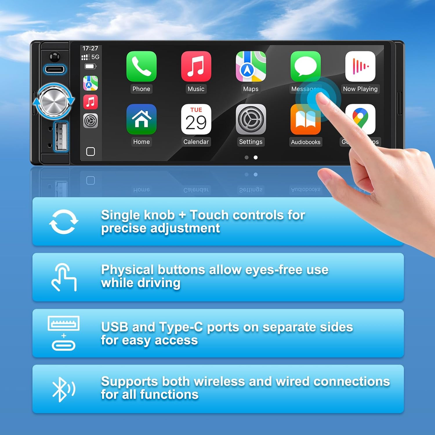 Single Din Radio Car Stereo with Apple Carplay & Android Auto, 6.28 Inch HD Touc