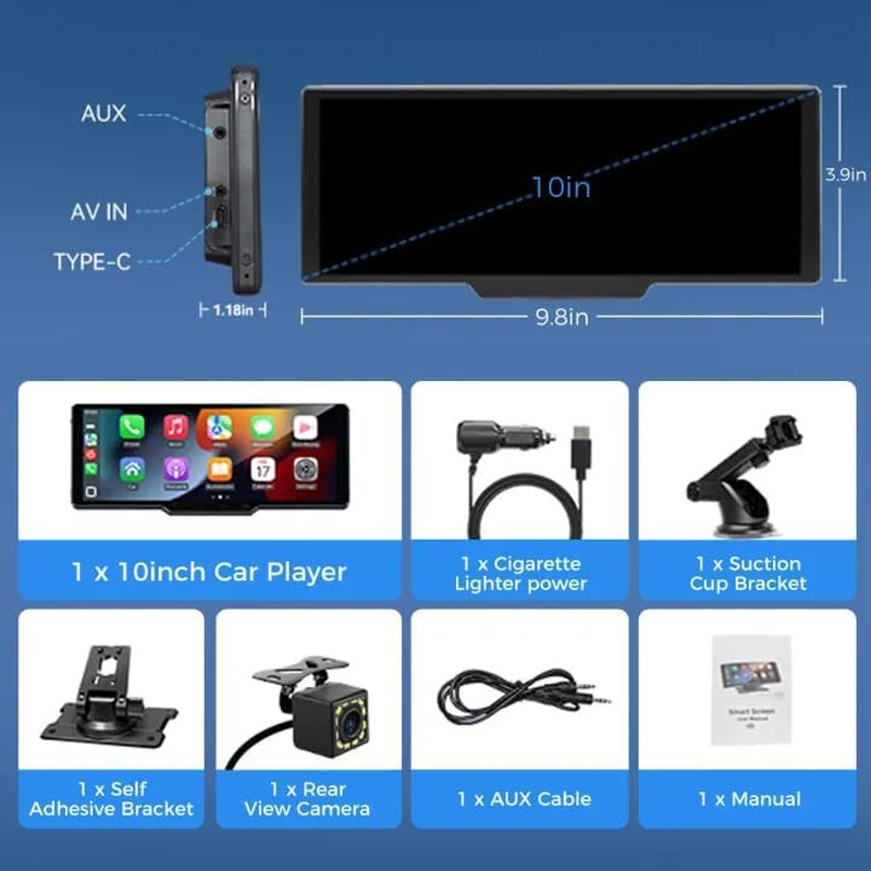 Portable Carplay Screen for Car, 10.26″ Wireless Carplay Car Stereo & Android Au