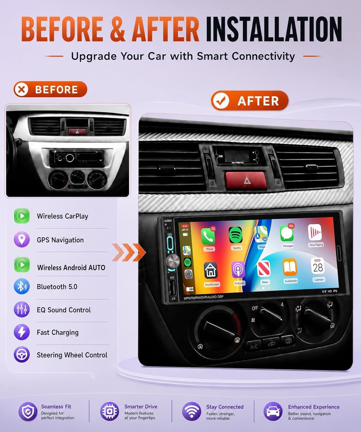 Bluetooth 5.2 Touchscreen Car Audio with Backup Camera & Steering Wheel Control