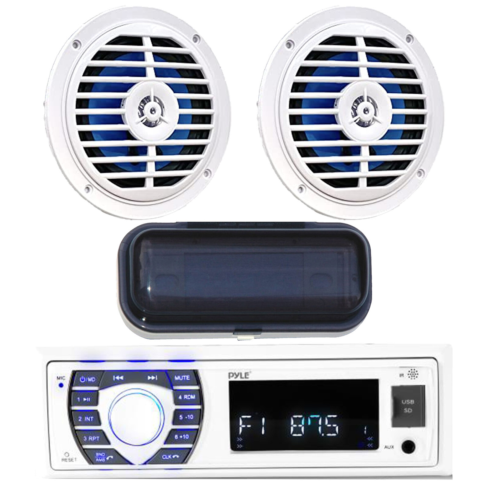 Pyle in-Dash Marine Bluetooth Radio, Cover, 2x 5.25″ 100W Marine White Speakers