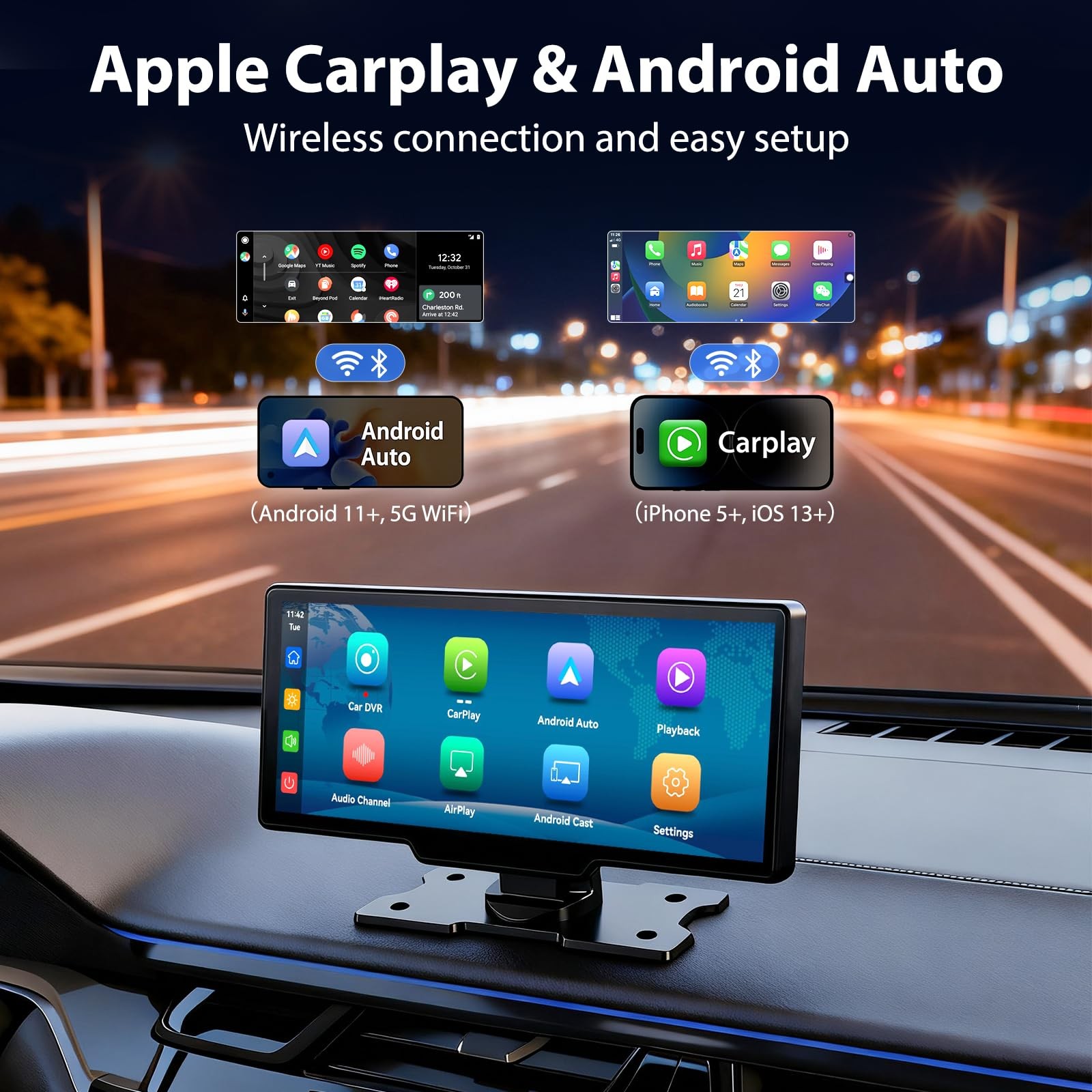 10.26″ Wireless CarPlay Screen for Car: 4K Dash Cam & 1080P Backup Black