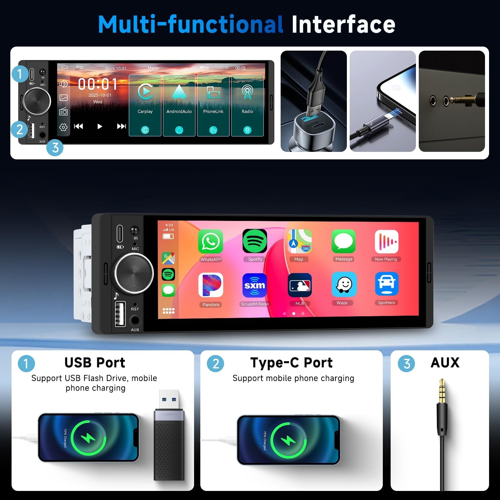 Single Din Car Stereo with 6.28” Touch Screen, Wireless CarPlay & Android Auto,