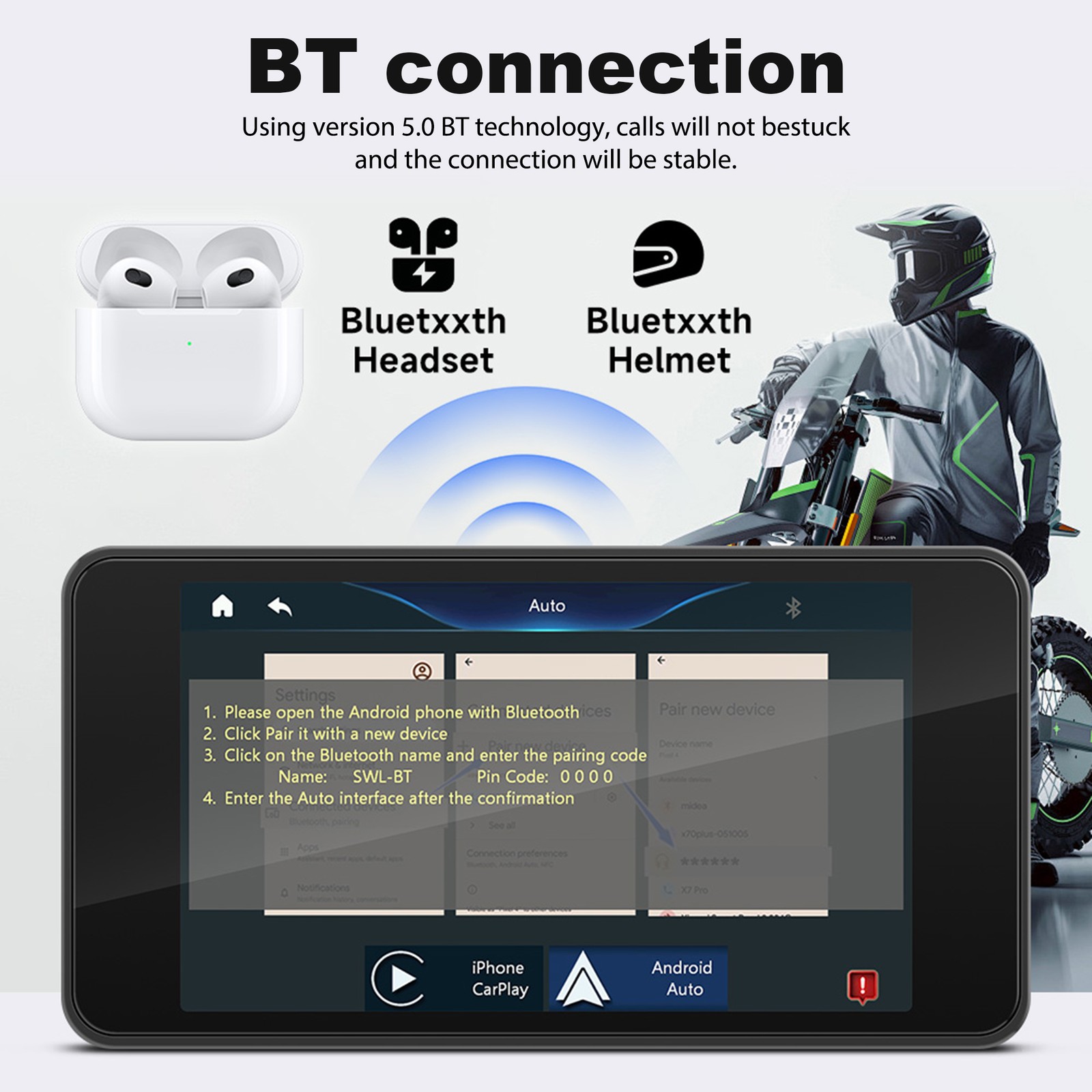 5″ WATERPROOF MOTORCYCLE NAVIGATOR PORTABLE WIRELESS CARPLAY ANDROID AUTO SCREEN