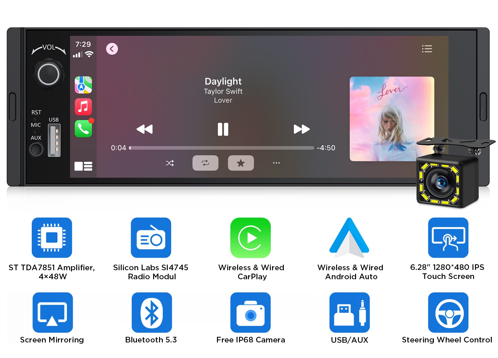 6.28 inch IPS Single DIN Car Stereo Wireless CarPlay Android Auto GPS Navigation