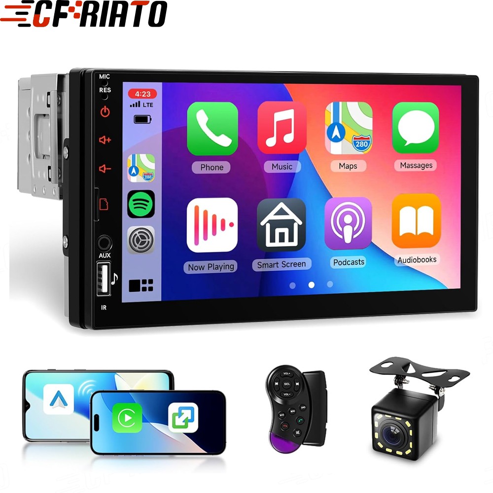 7″ Single 1Din Car Stereo Radio USB BT Wireless Android auto Carplay BT + Camera
