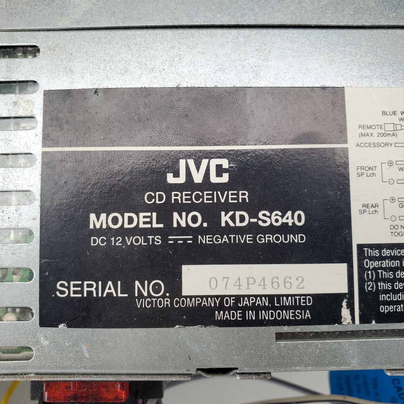 JVC KD-S640 CD Player In Dash Receiver Parts Only