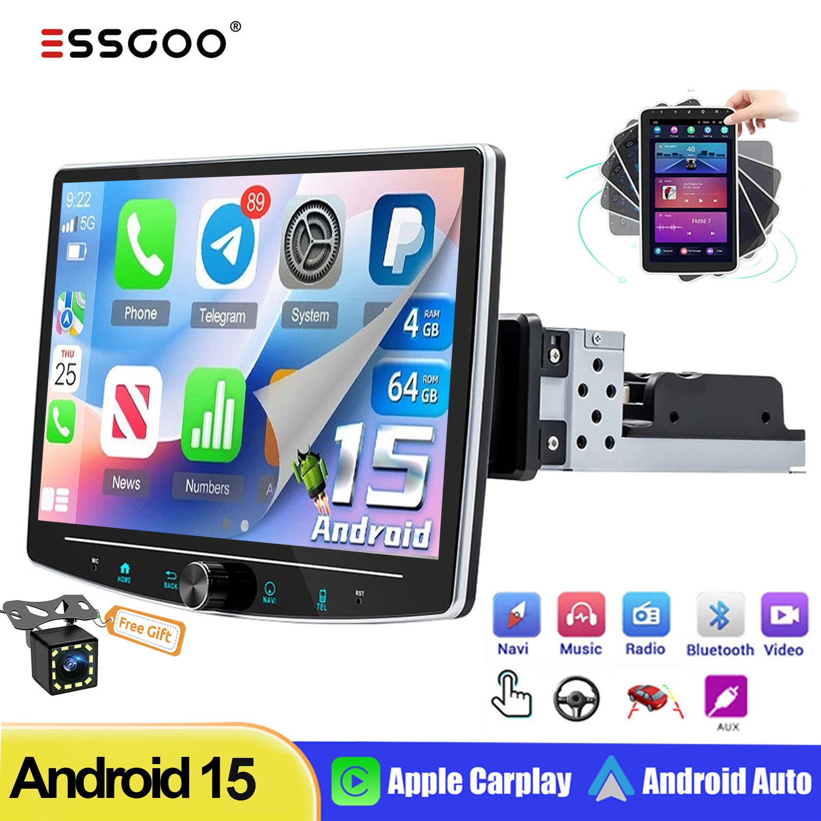 Single 1Din 10.1″ Android 15 Rotatable Touch Screen Car Stereo Radio GPS Navi BT