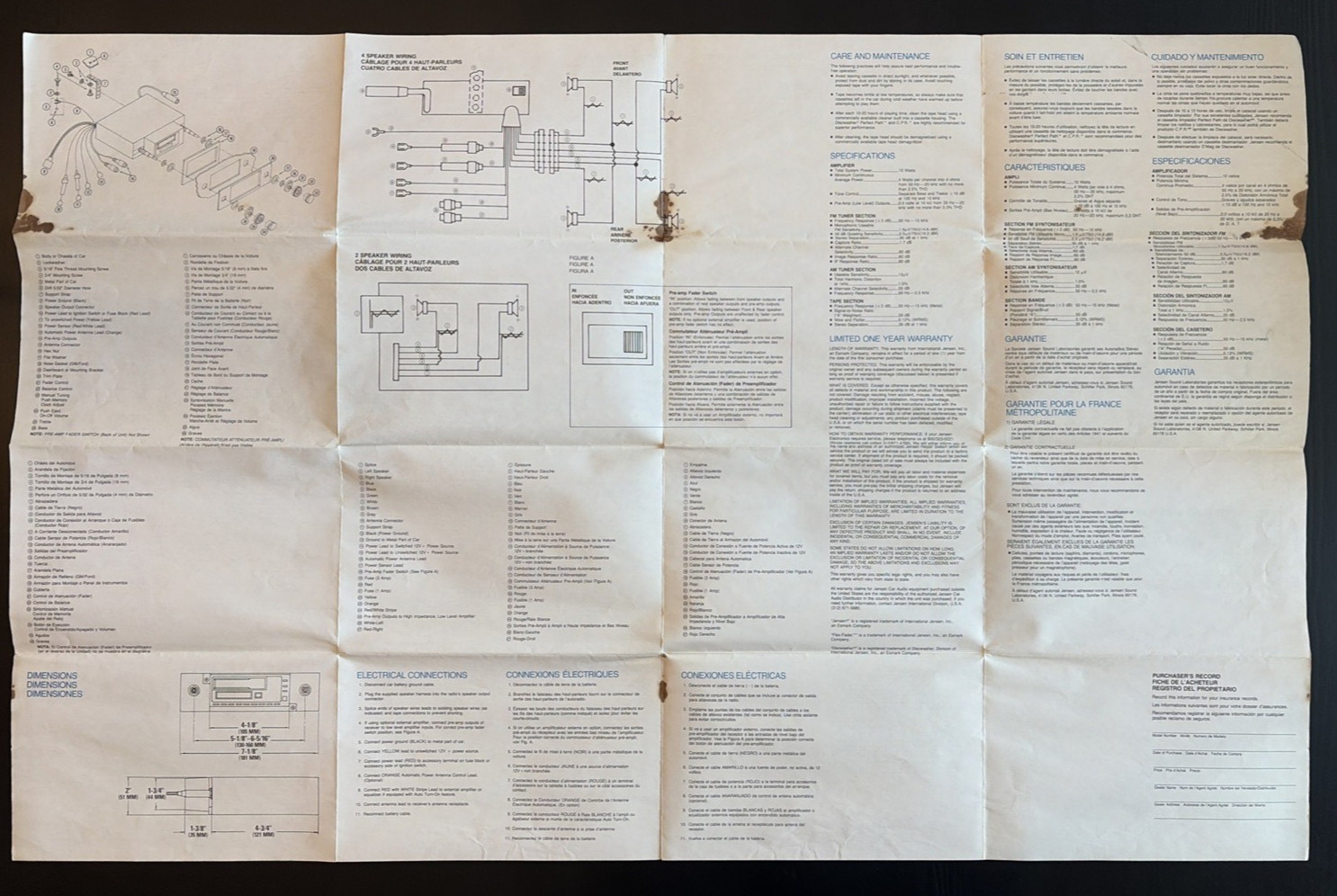 Vtg & Orig Fold Out Manual for Jensen AM/FM Casette Car Stereo Model RE960