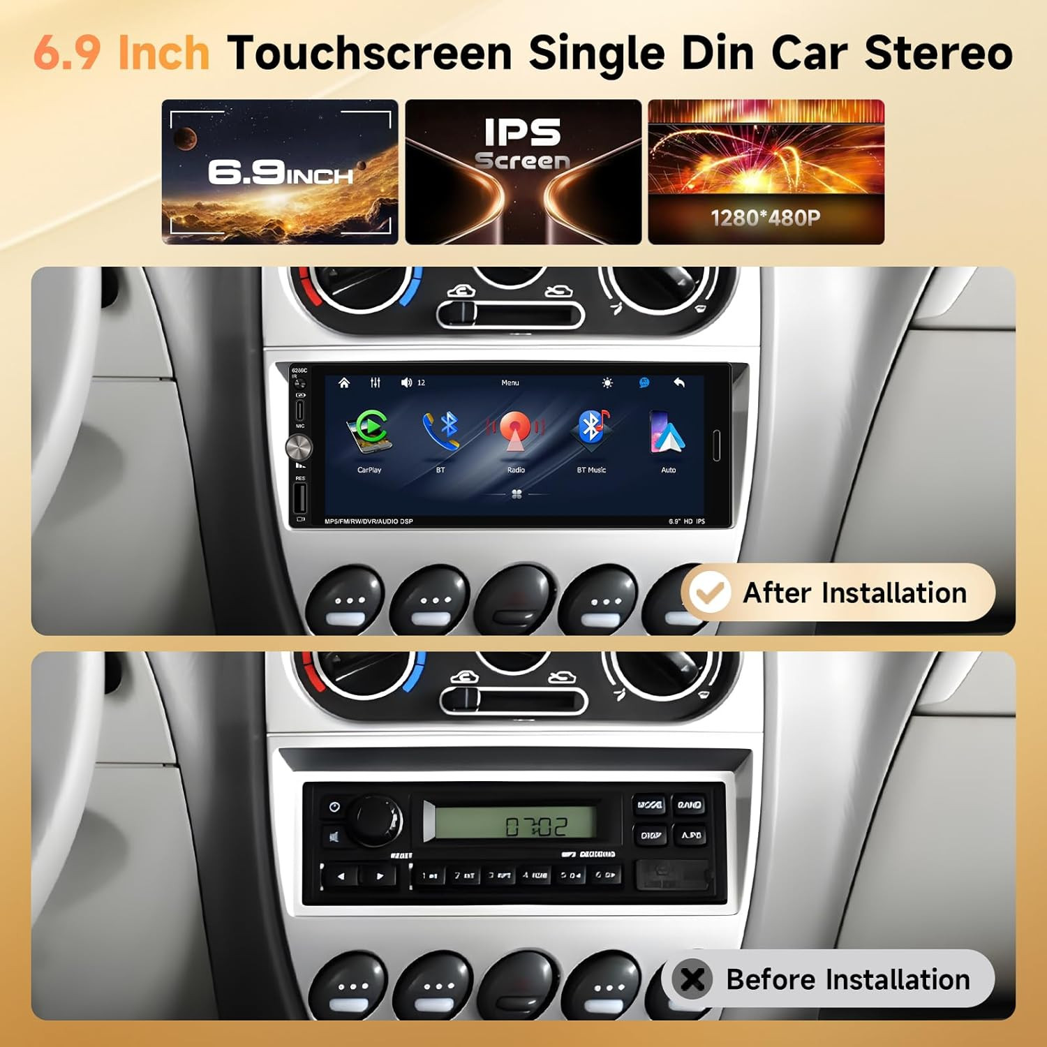 Single Din Car Stereo Wireless Carplay Android Auto, 6.9 Inch Bluetooth5.2 Car