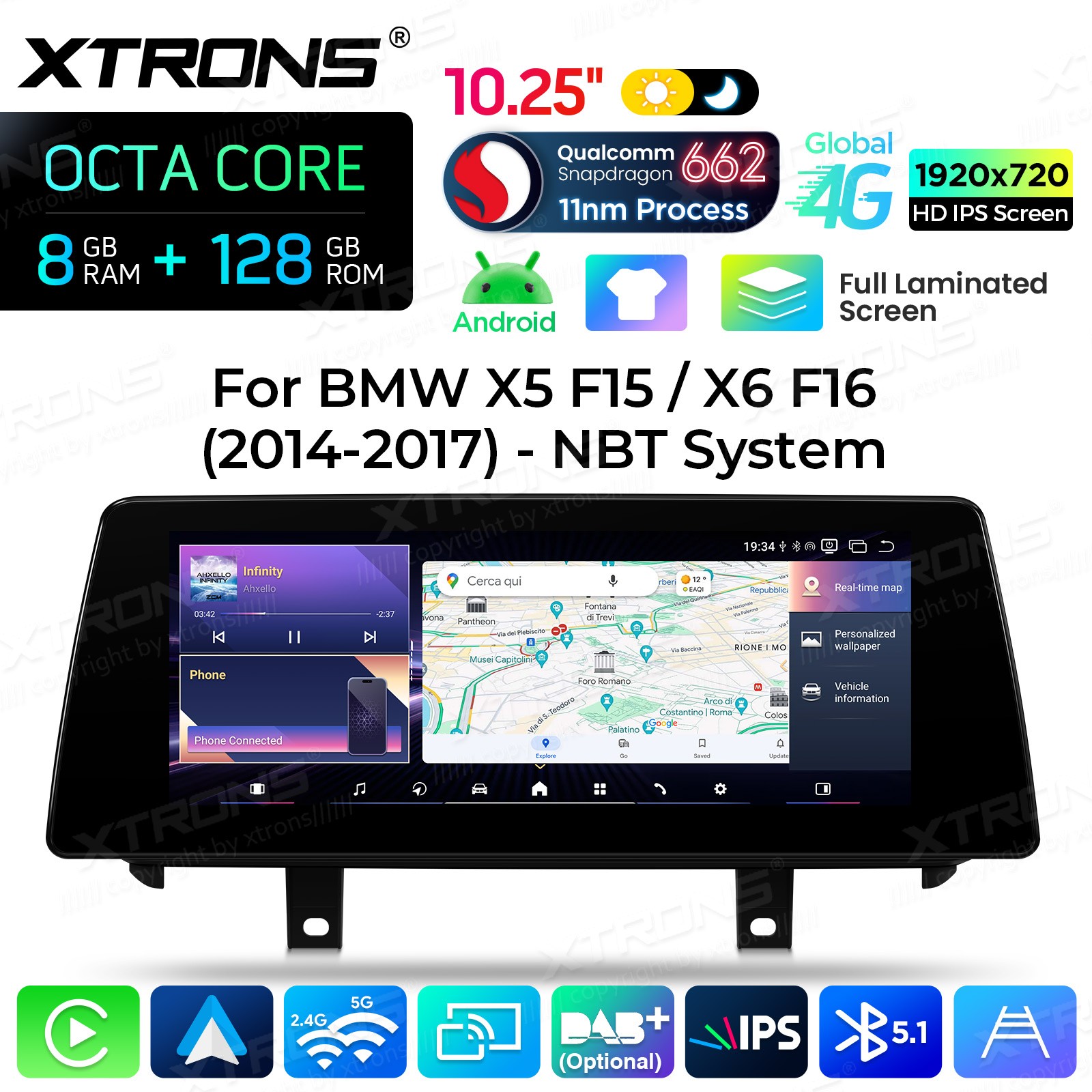 10.25″ Android 14 Car Stereo CarPlay 8+128G Retrofit For BMW X5 F15 X6 F16 NBT