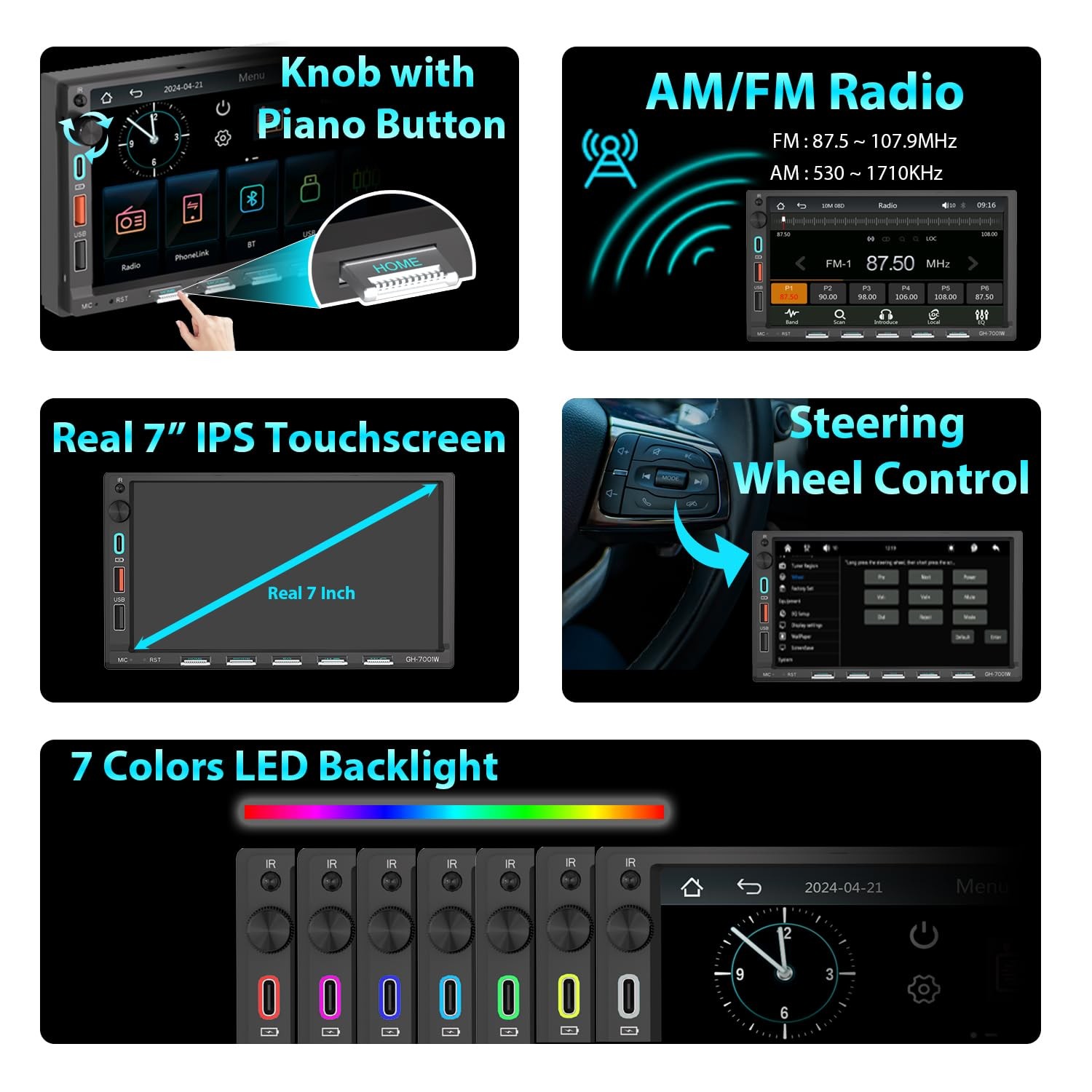 Alondy Double Din Car Stereo 7″ Touchscreen Wireless CarPlay/Android Auto