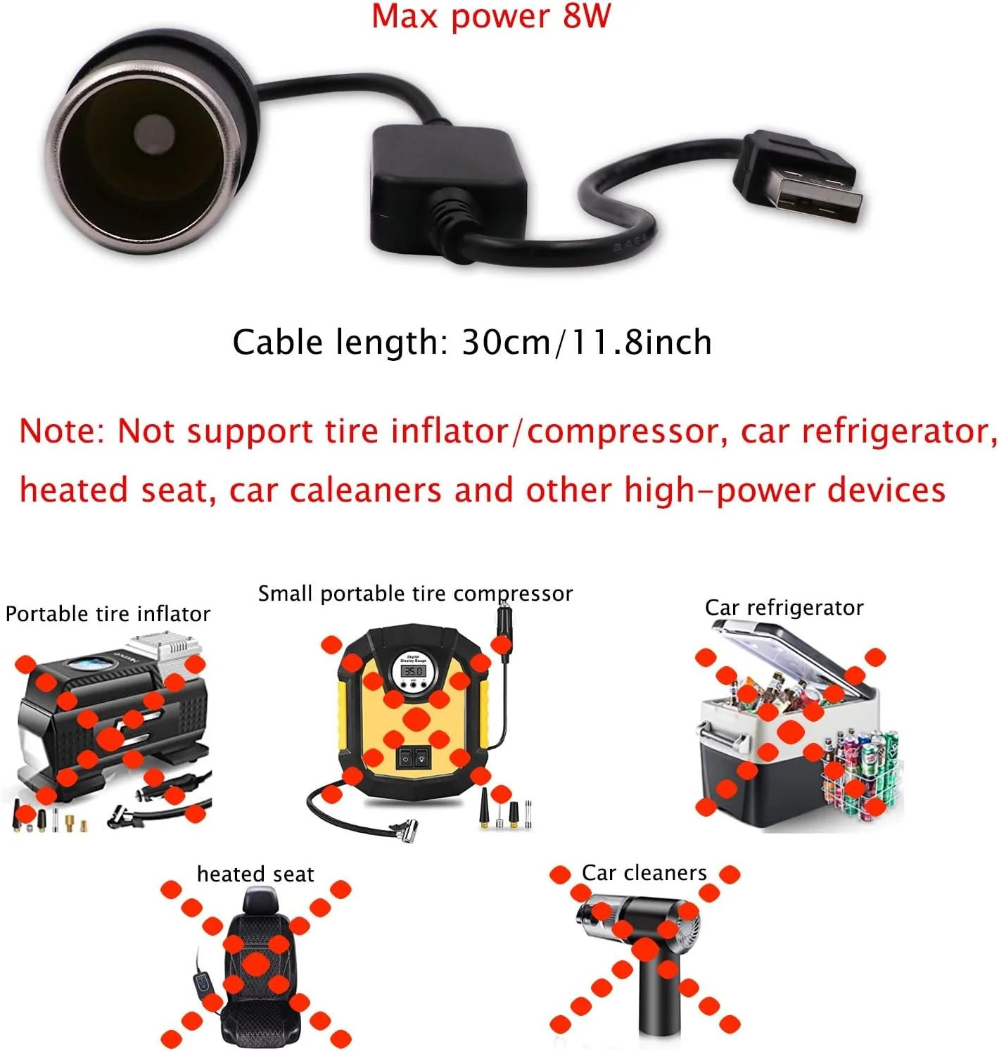 USB A Male to 12V Car Cigarette Lighter Socket Female Converter Cable 2-Pack ..
