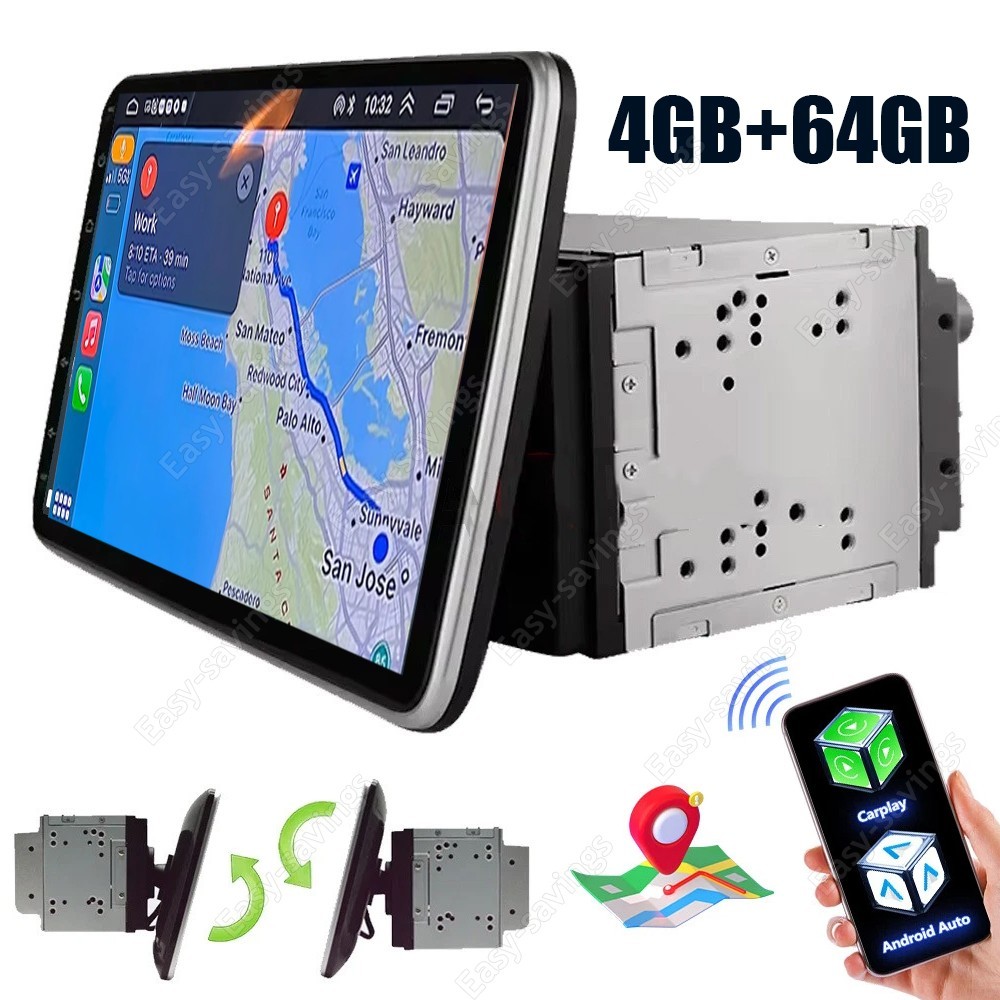 Double 2DIN Rotatable 10.1” Android Touch Screen Car Stereo Radio GPS Wifi 64GB